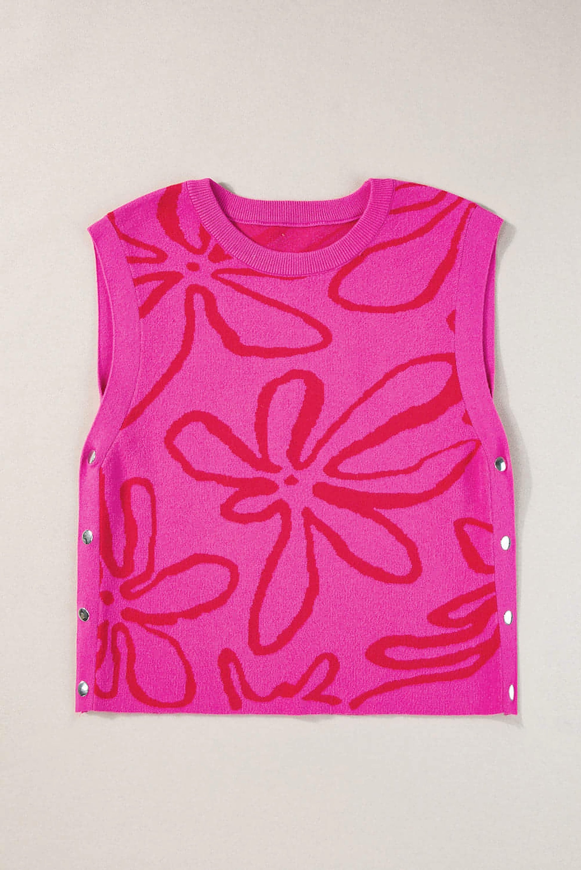Bright Pink Button Sides Sleeveless Floral Knitted Top - enhanced image 6