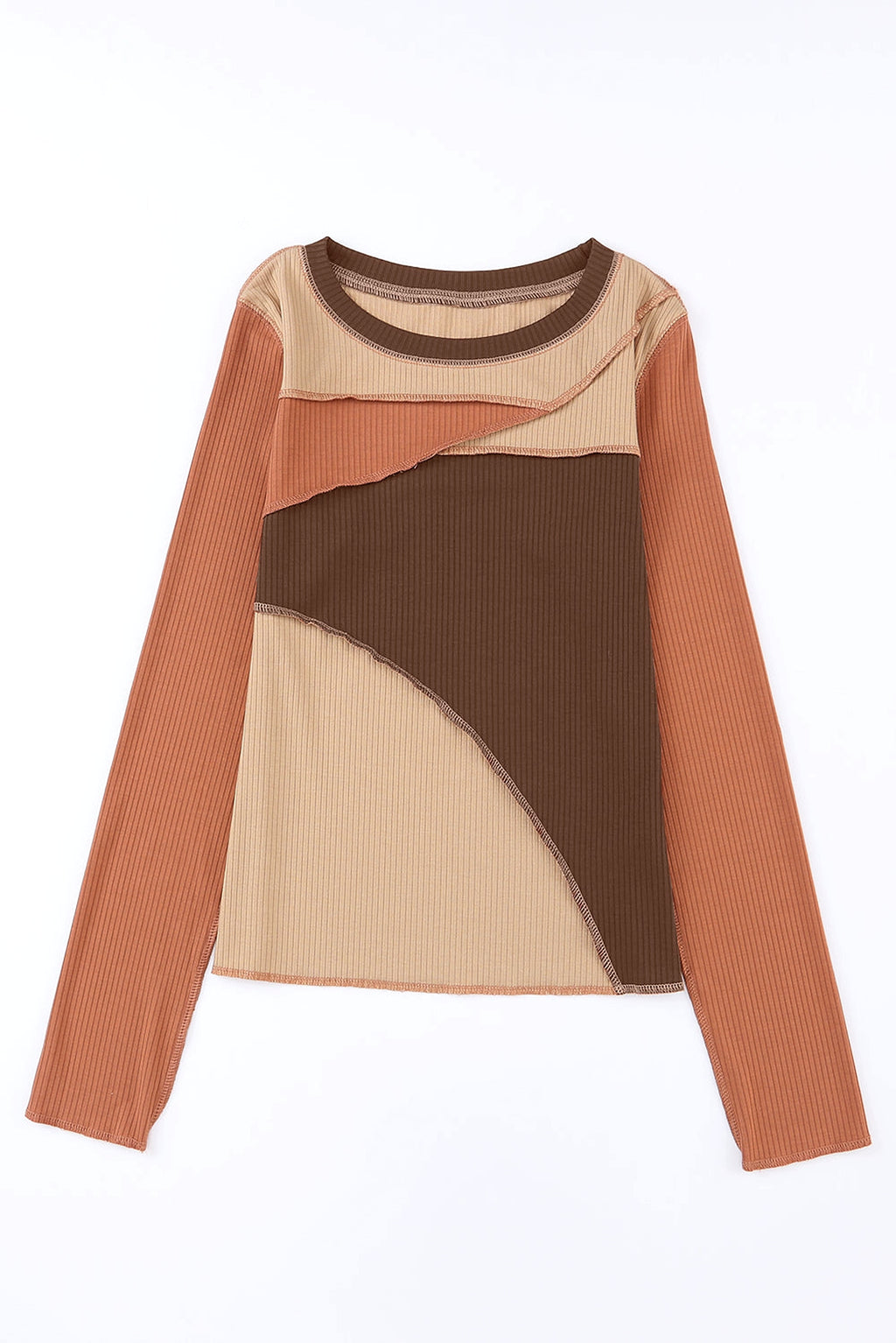 Brown Expose Seam Color Block Ribbed Knit Top - enhanced image 6