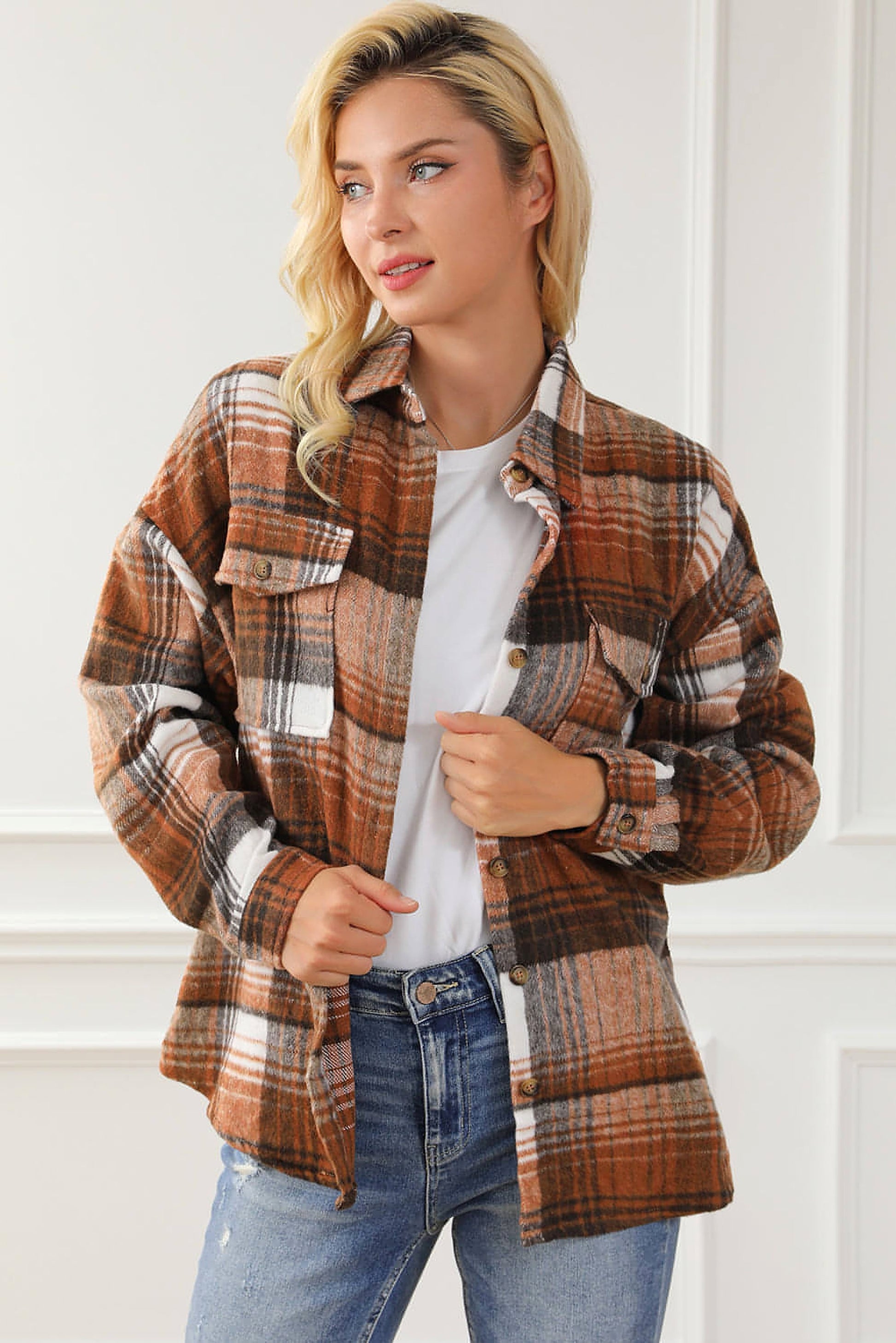 Brown Plaid Flap Pockets Shacket - enhanced image 6