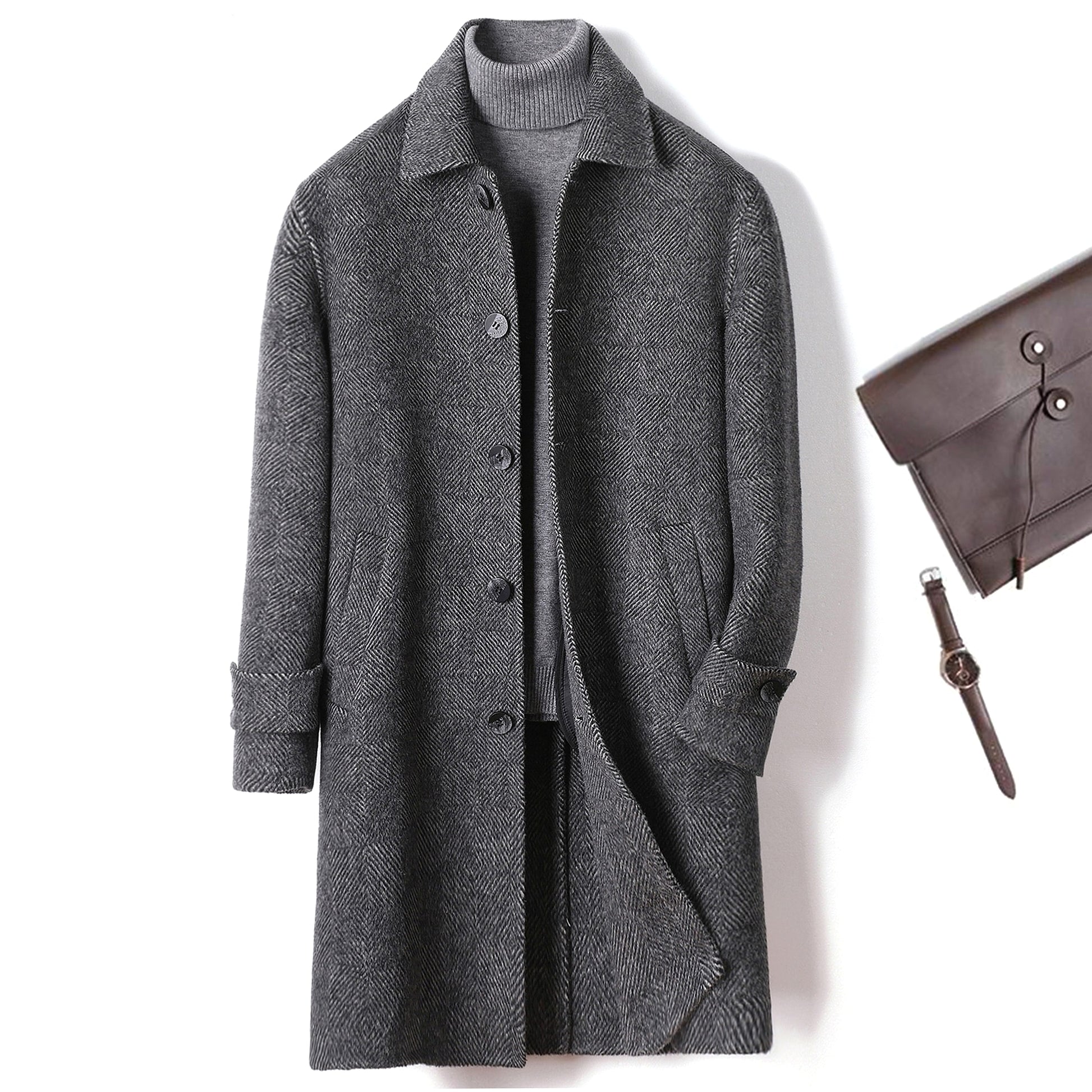 Cashmere Wool Trench Coat Winter Plaid Long Casual Coat Jacke Men - enhanced image 6