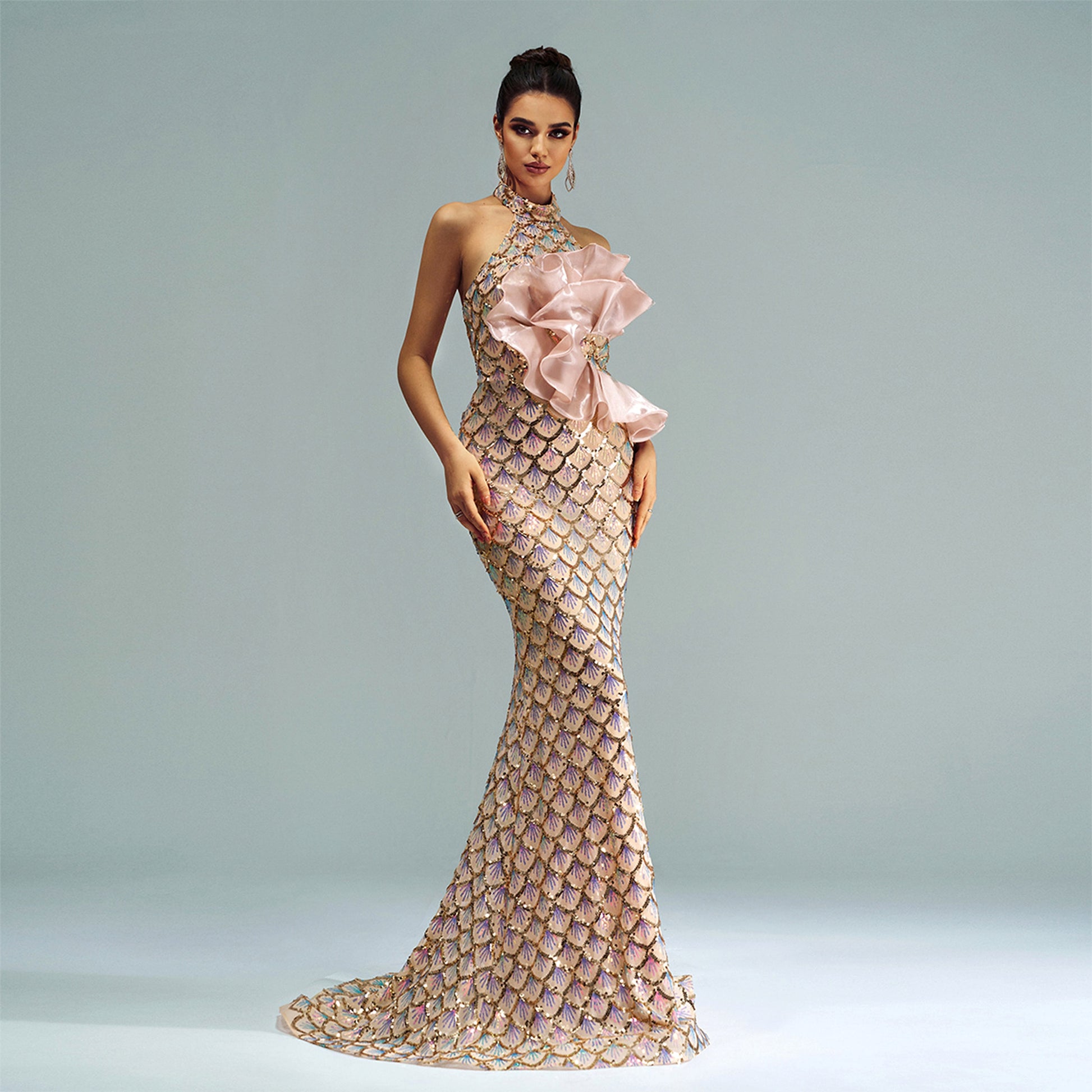 “Champagne Glam” Halter Mermaid Dress – Luxury for Elite Occasions - enhanced image 6