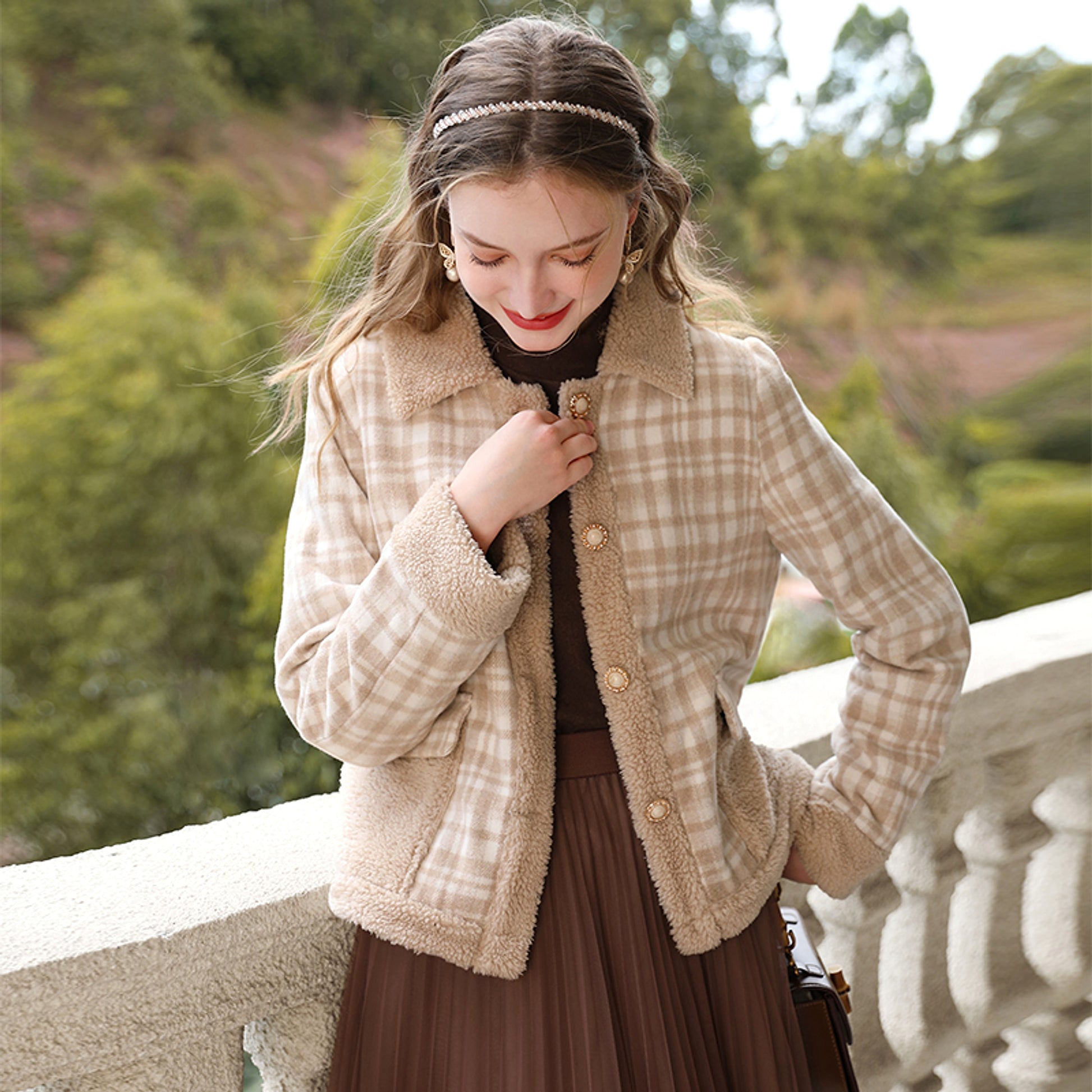 Checkered Lamb Cashmere Patchwork Cotton Jacket For Women - enhanced image 6