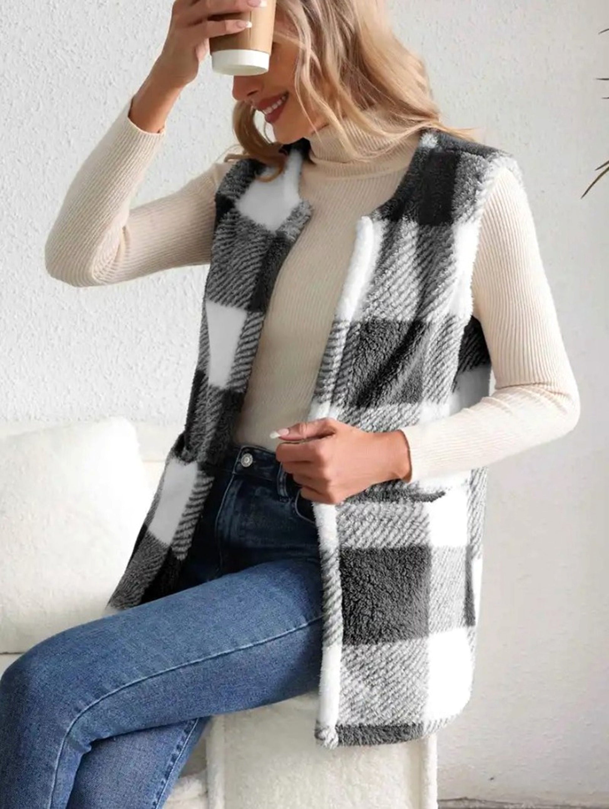 A.1 Coat Loose Plaid Color Stitching Knitted Cardigan Sweater Women - enhanced image 6