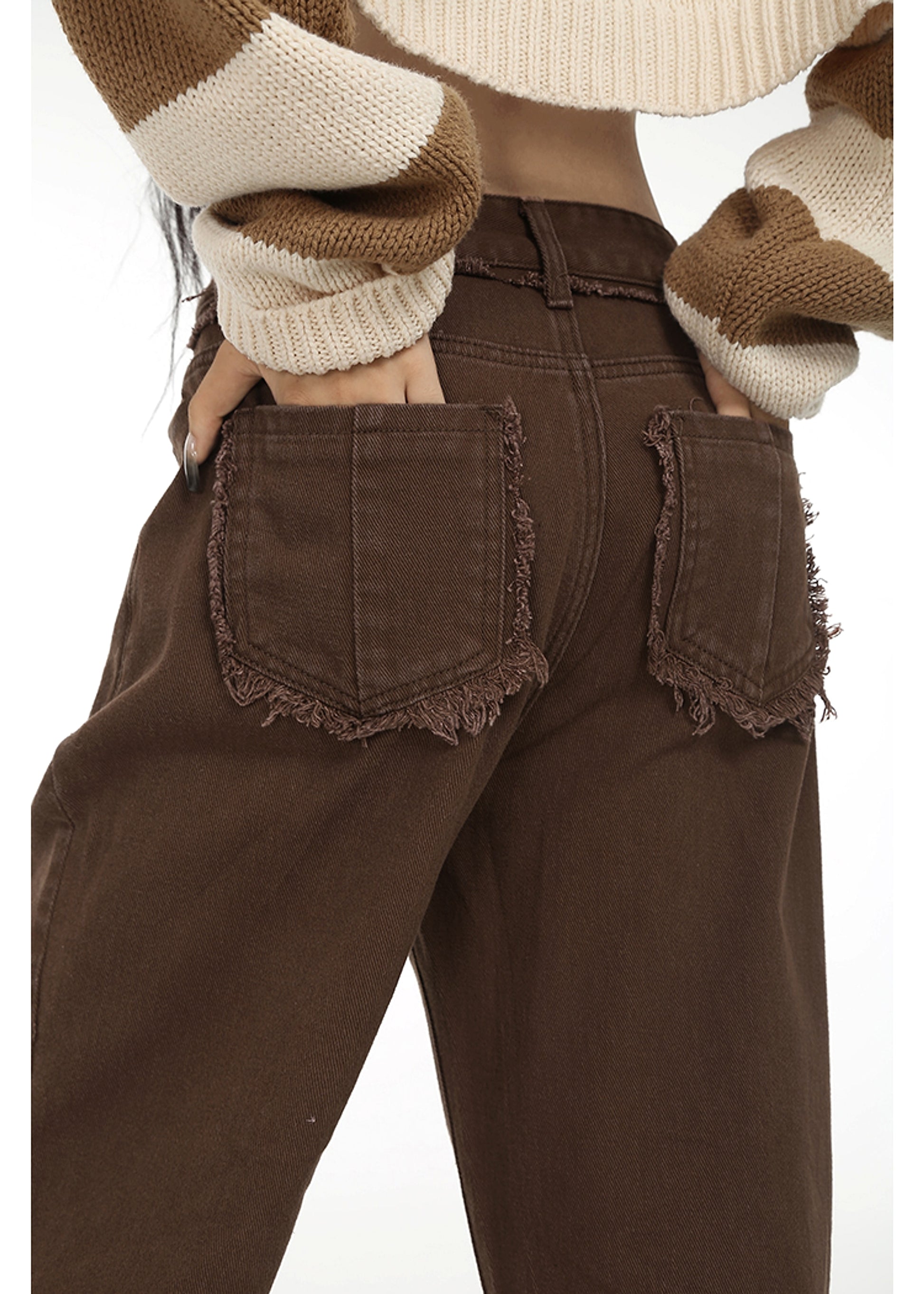 Coffee Colored Distressed Cropped Jeans For Women - enhanced image 6