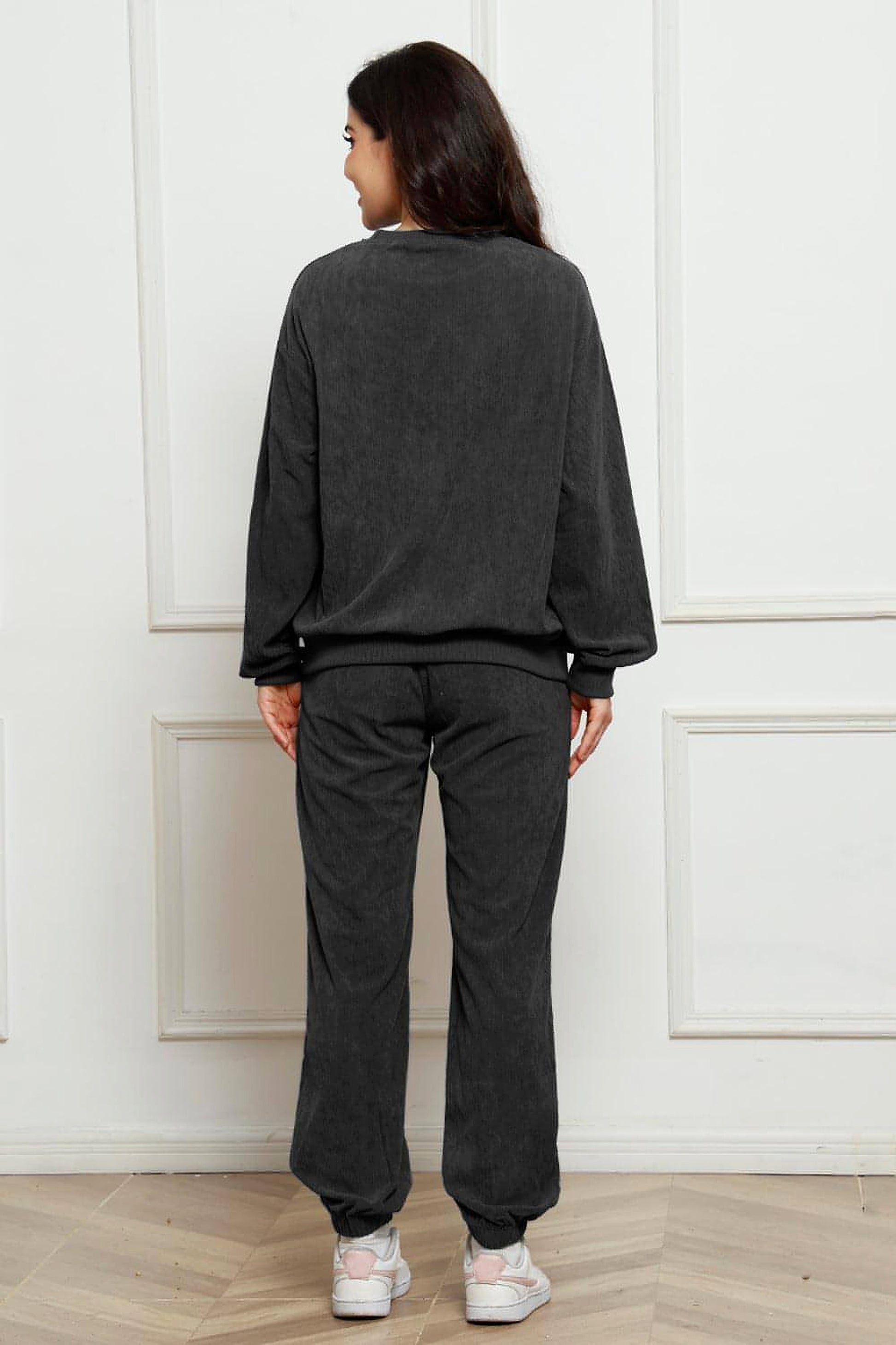 Corduroy Round Neck Sweatshirt and Sweatpants Set - enhanced image 6