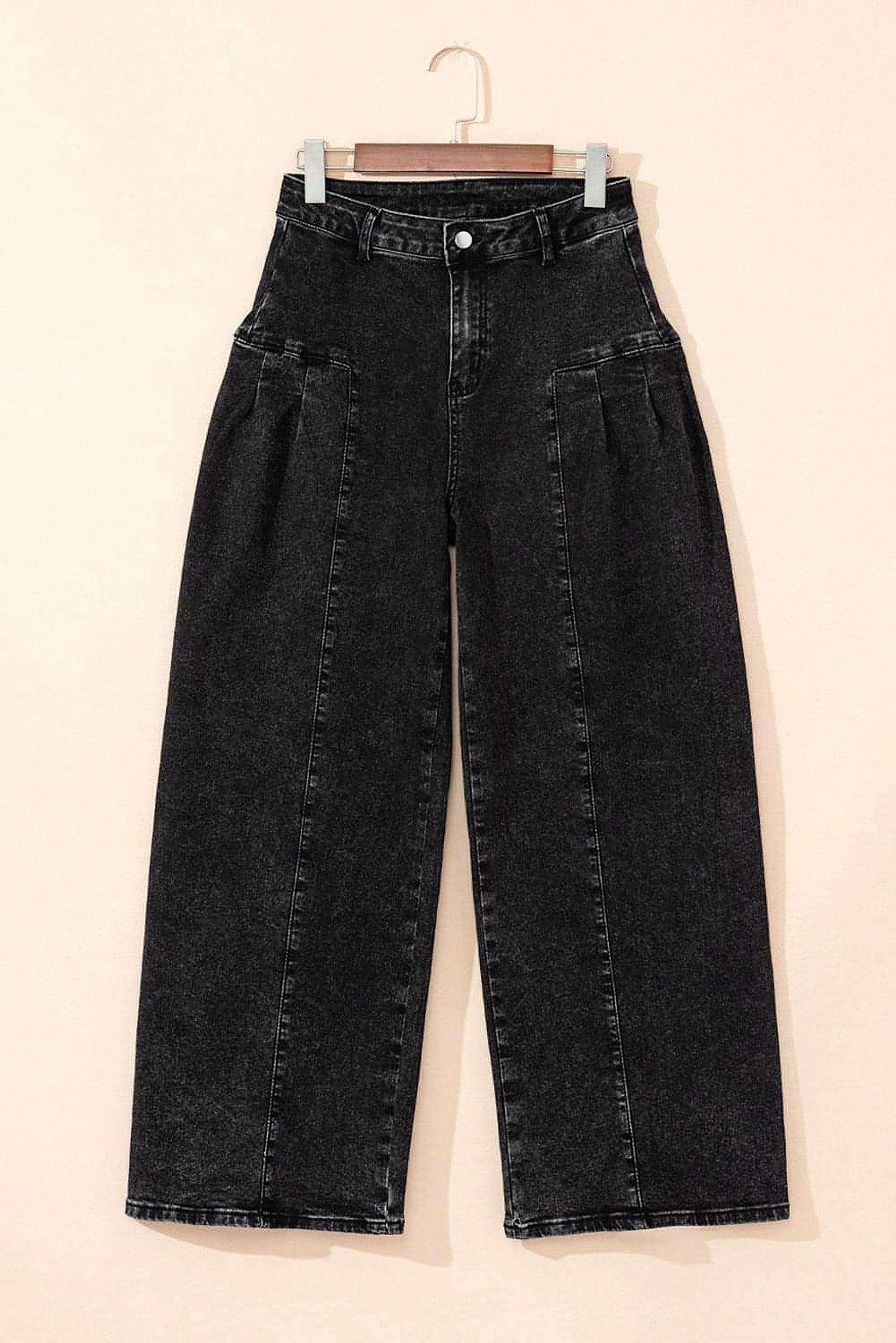 Dark Grey Pleated Wide Leg Mineral Wash Denim Pants - enhanced image 6