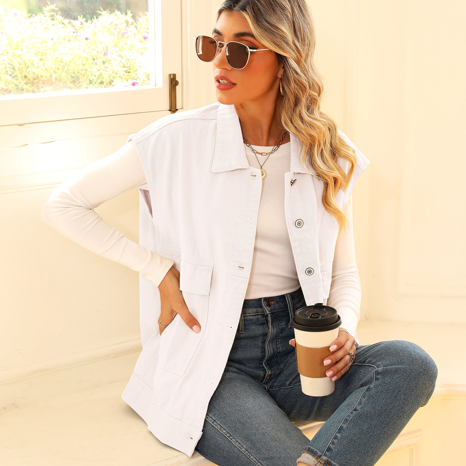 A.1 Denim Vest With Big Pockets Sleeveless Outwear Jacket for Women - enhanced image 6
