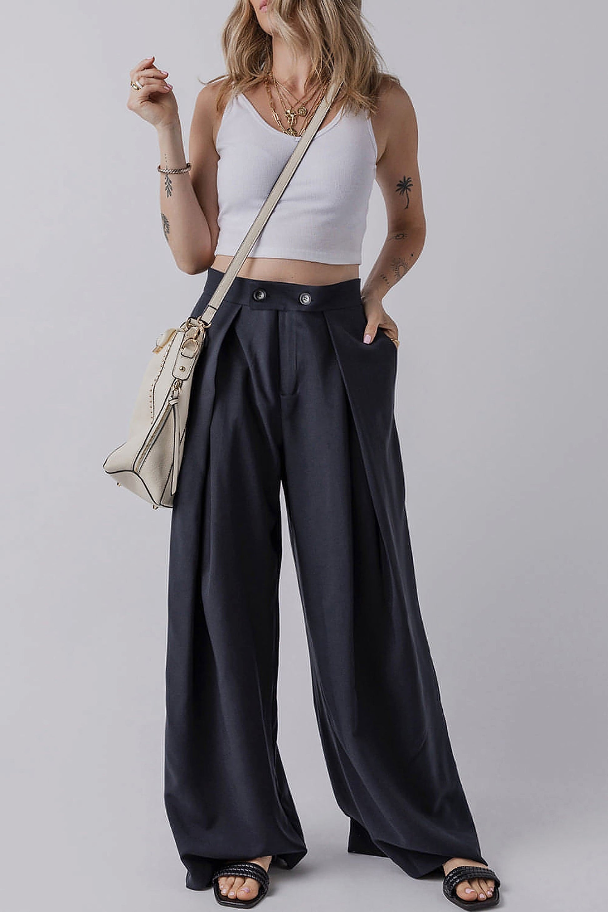 Dirty blue Dual Buttoned High Waist Pleated Wide Leg Pants - enhanced image 6