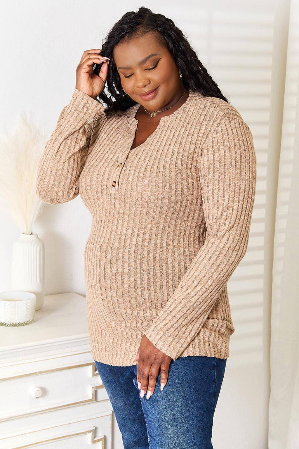 Double Take Notched Neck Ribbed Long Sleeve T-Shirt - enhanced image 6