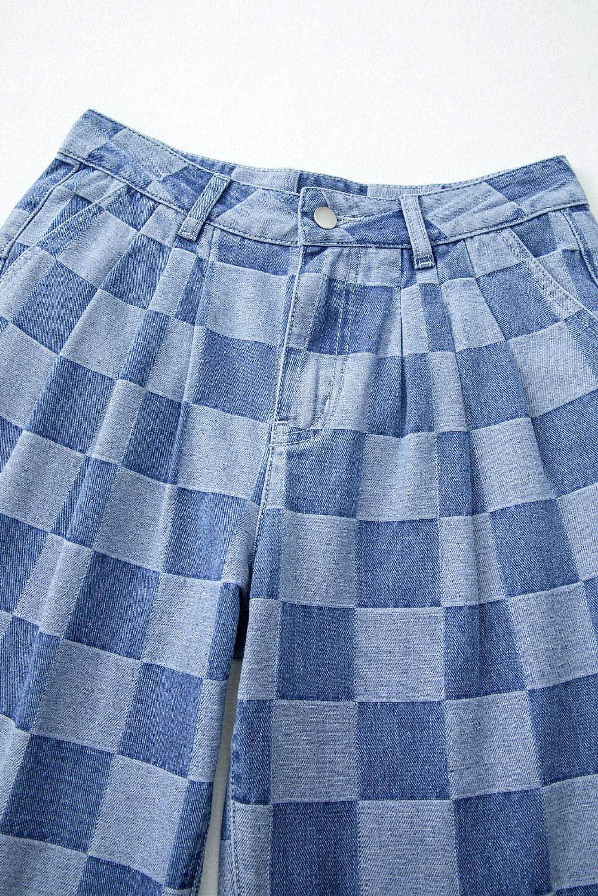 Dusk Blue Checkered Denim Wide Leg Jeans - enhanced image 6