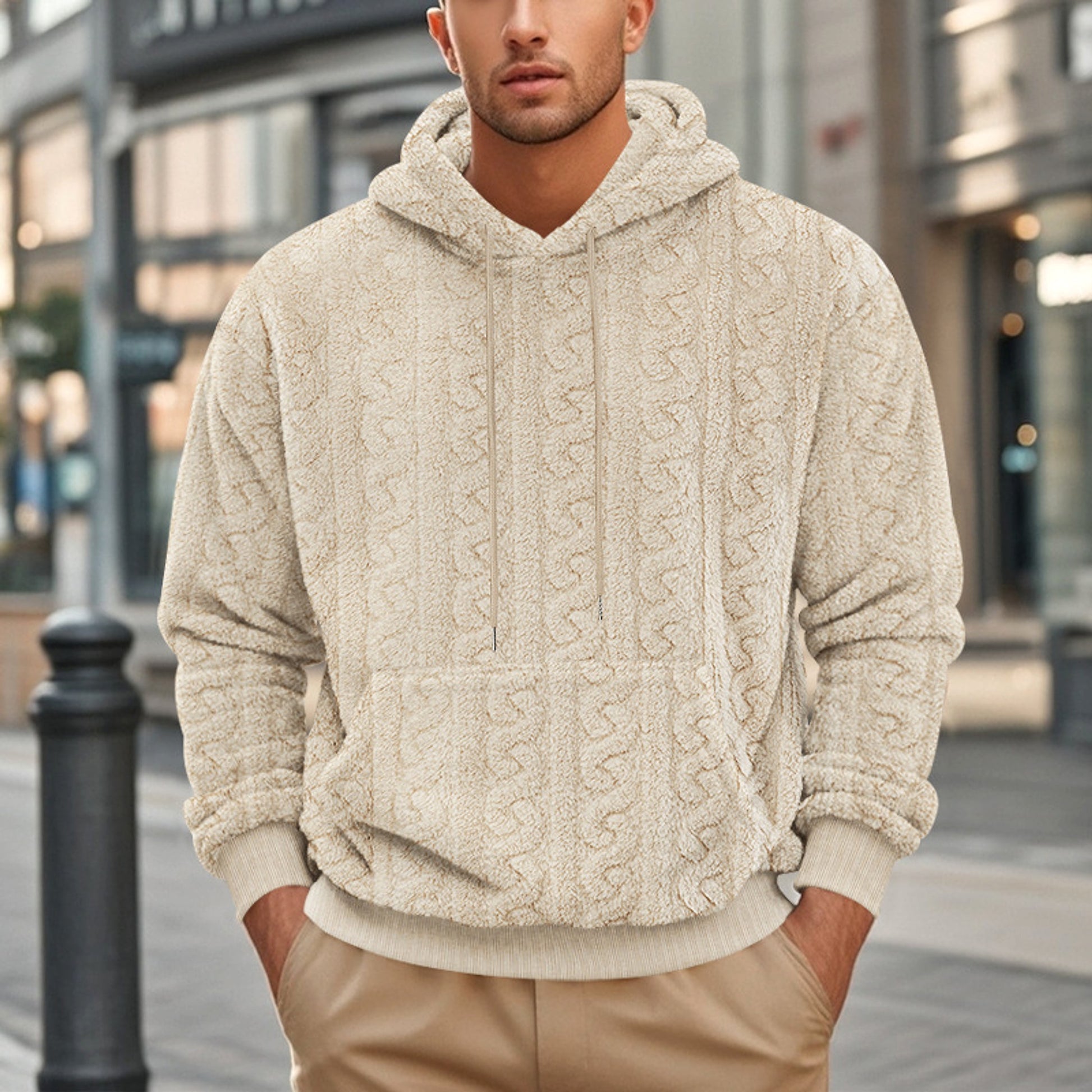 European And American Fall Winter Men Hooded Jacquard Teddy Plush Sports And Leisure Sweater - enhanced image 6