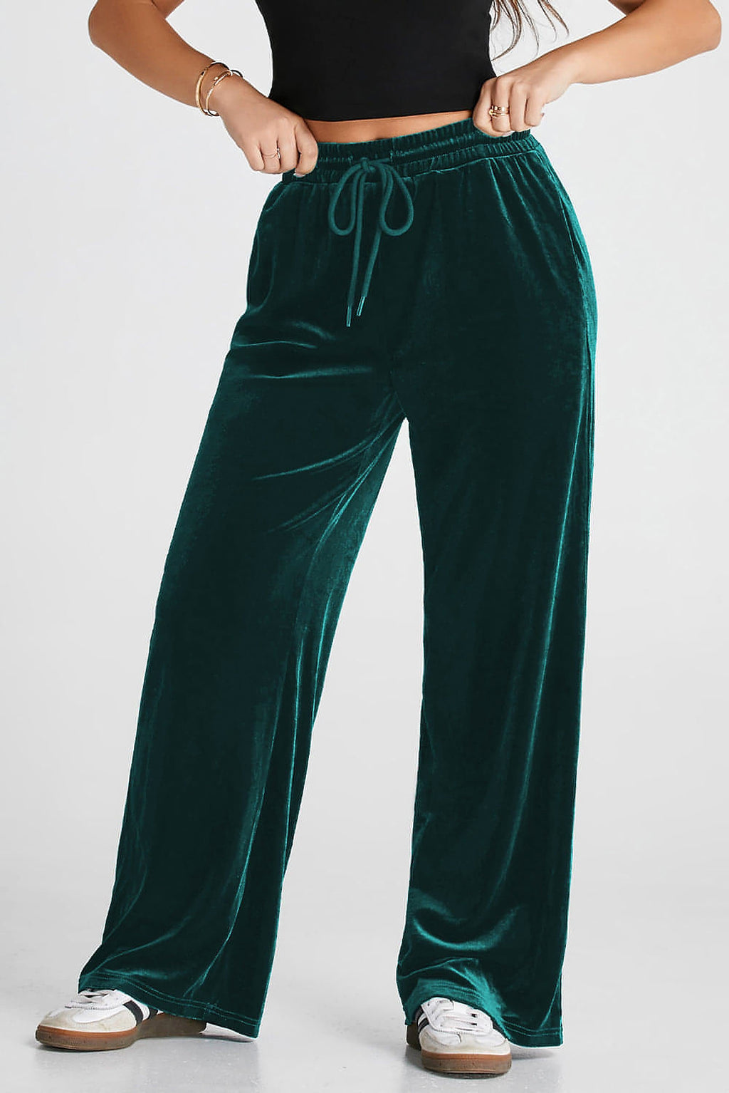 Evergreen Solid Drawstring Waist Wide Leg Pants - enhanced image 6