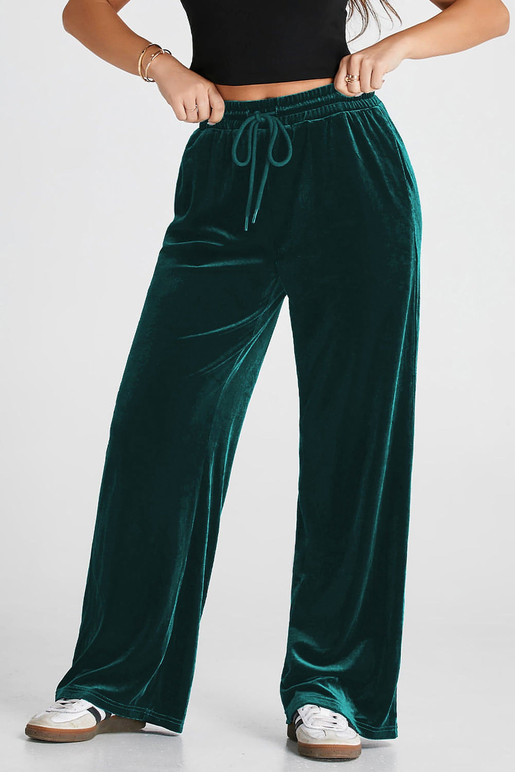 Evergreen Solid Drawstring Waist Wide Leg Pants - enhanced image 6