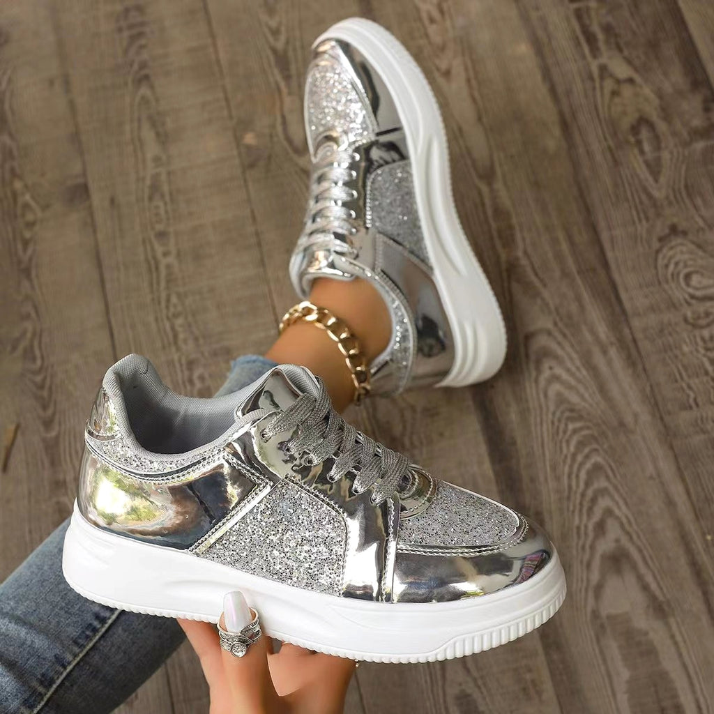 Fashion Lace-up Flat Shoes With Sequin Design Casual Sports Thick Bottom Round Toe Shoes For Women Non-slip Walking Sneakers - enhanced image 6
