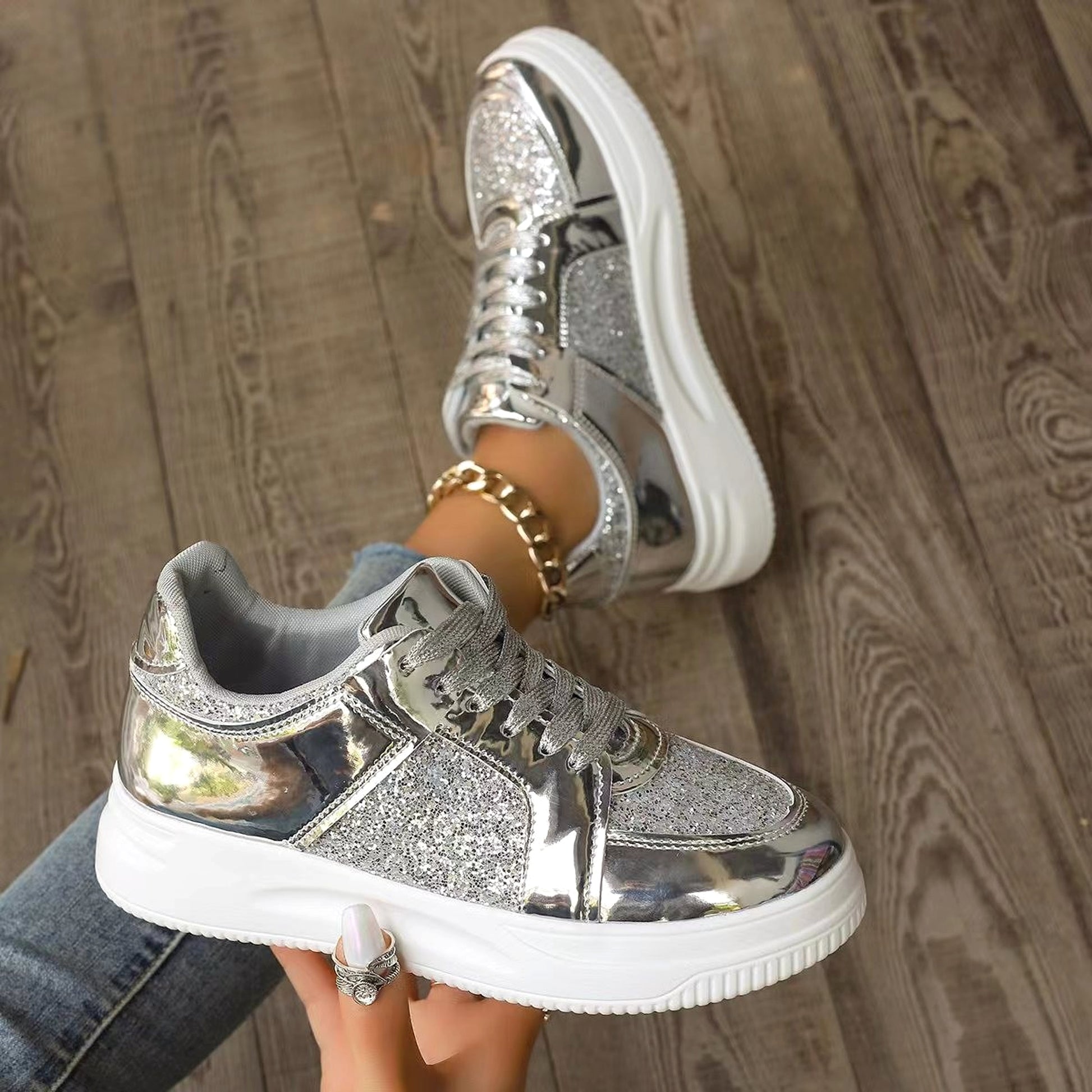 Fashion Lace-up Flat Shoes With Sequin Design Casual Sports Thick Bottom Round Toe Shoes For Women Non-slip Walking Sneakers - enhanced image 6