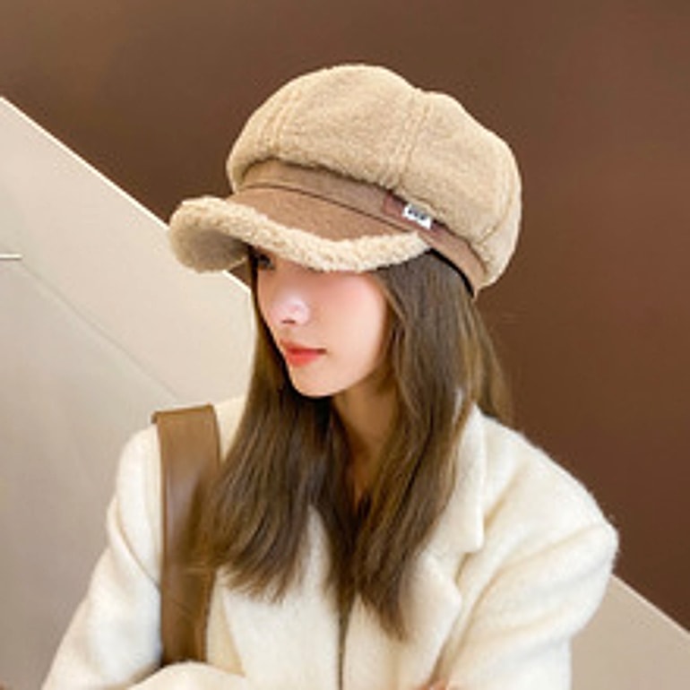 Faux Cashmere Fashion Leather Tag Octagonal Winter Warm Peaked Cap Hat - enhanced image 6