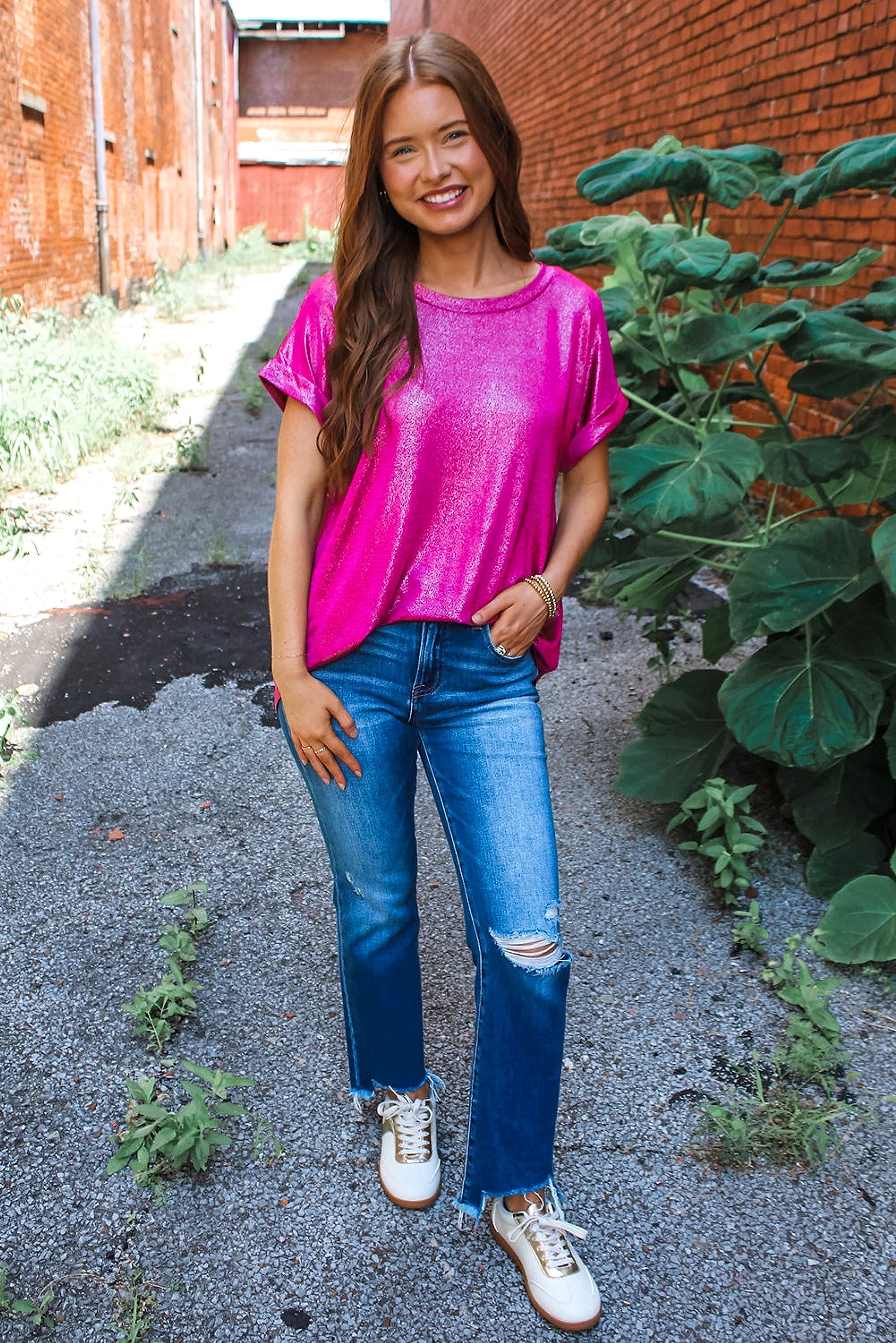Festival Fuchsia Shine Shimmer Cuffed Short Sleeve Casual Top - enhanced image 6