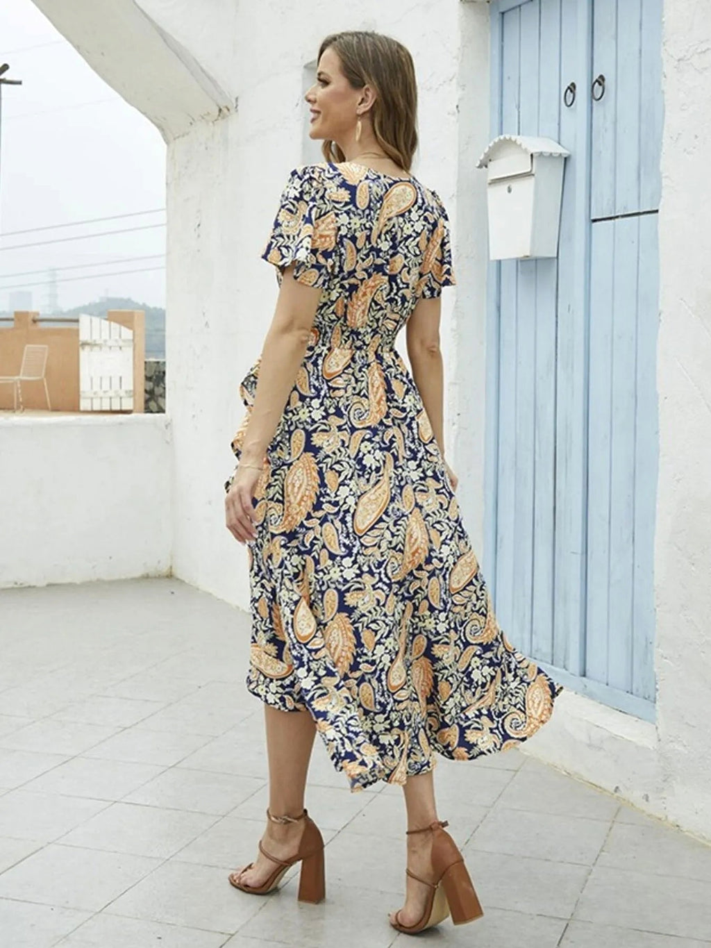 Floral Print Short Sleeve Wrap Midi Dress - enhanced image 6