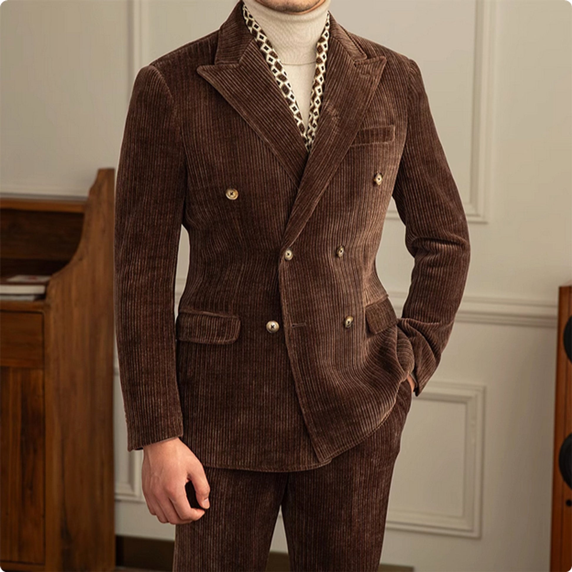 Gentleman Style Double Row Buckle Groove Bar Chenier Suit Set - enhanced image 6