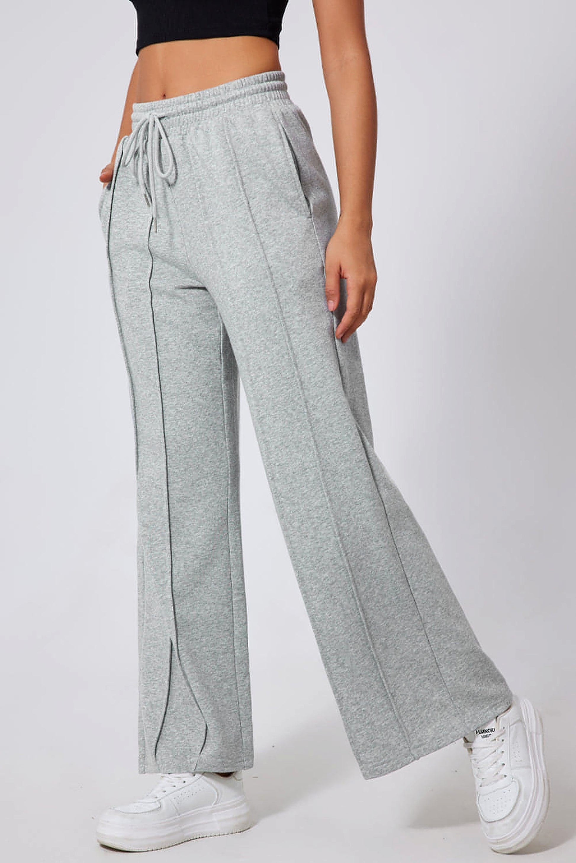 Gray Seamed Drawstring High Waist Wide Leg Sweatpants - enhanced image 6