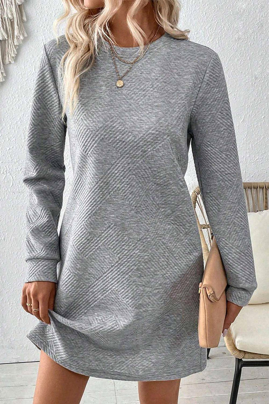 Gray Solid Color Textured Long Sleeve Shift Dress - enhanced image 6