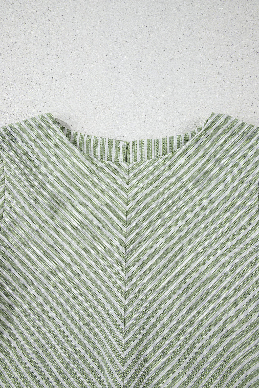 Green Stripe Textured Round Neck Short Puff Sleeve Blouse - enhanced image 6