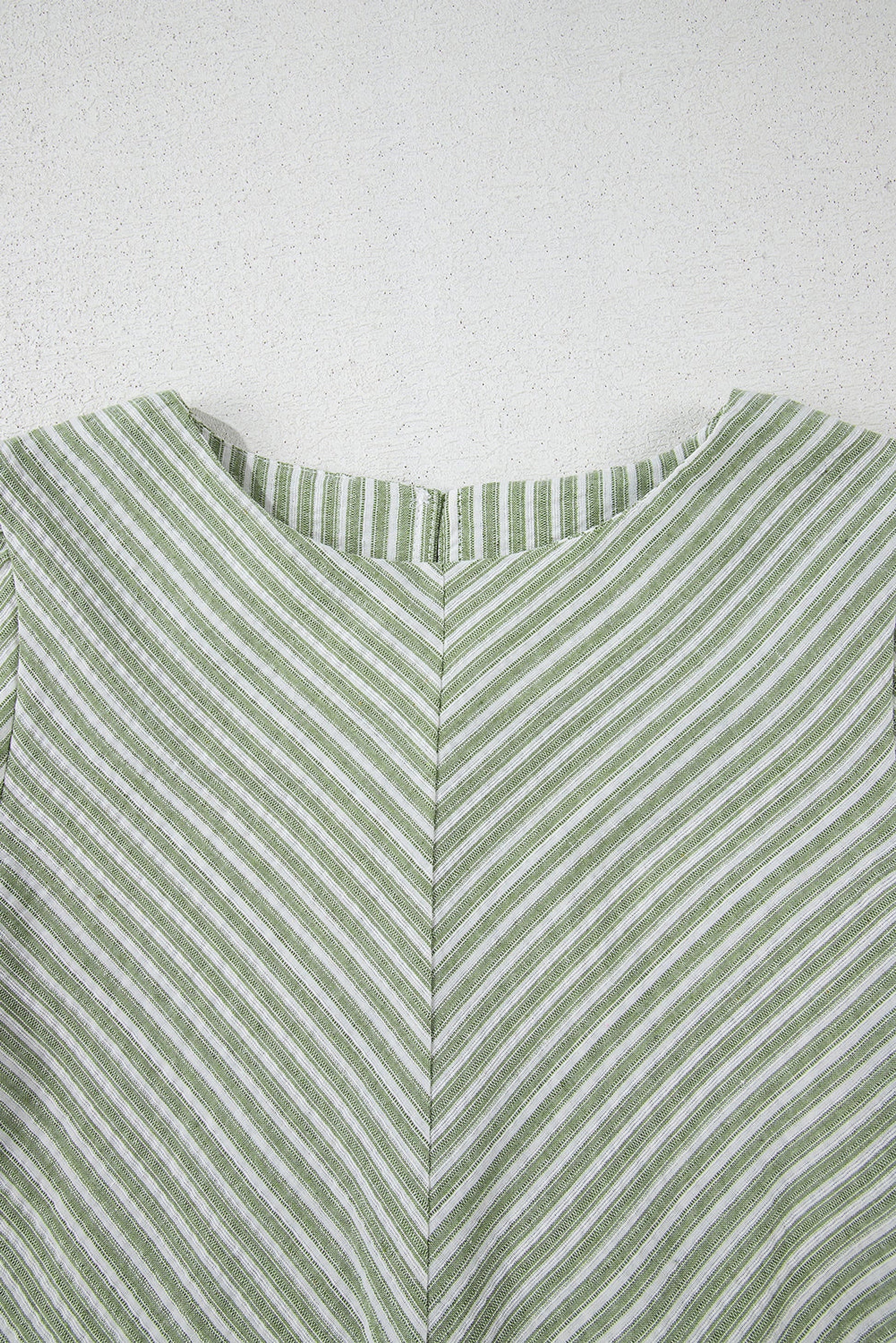 Green Stripe Textured Round Neck Short Puff Sleeve Blouse - enhanced image 6