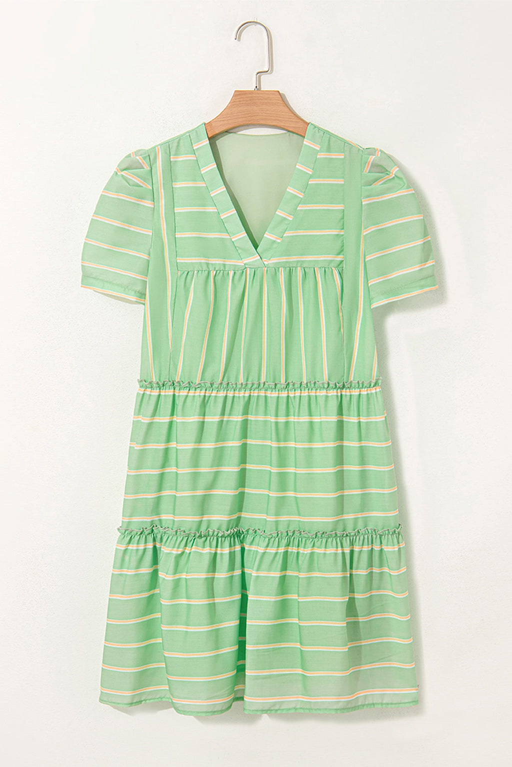 Green Stripe V Neck Short Sleeve Frilled Detail A-line Dress - enhanced image 6