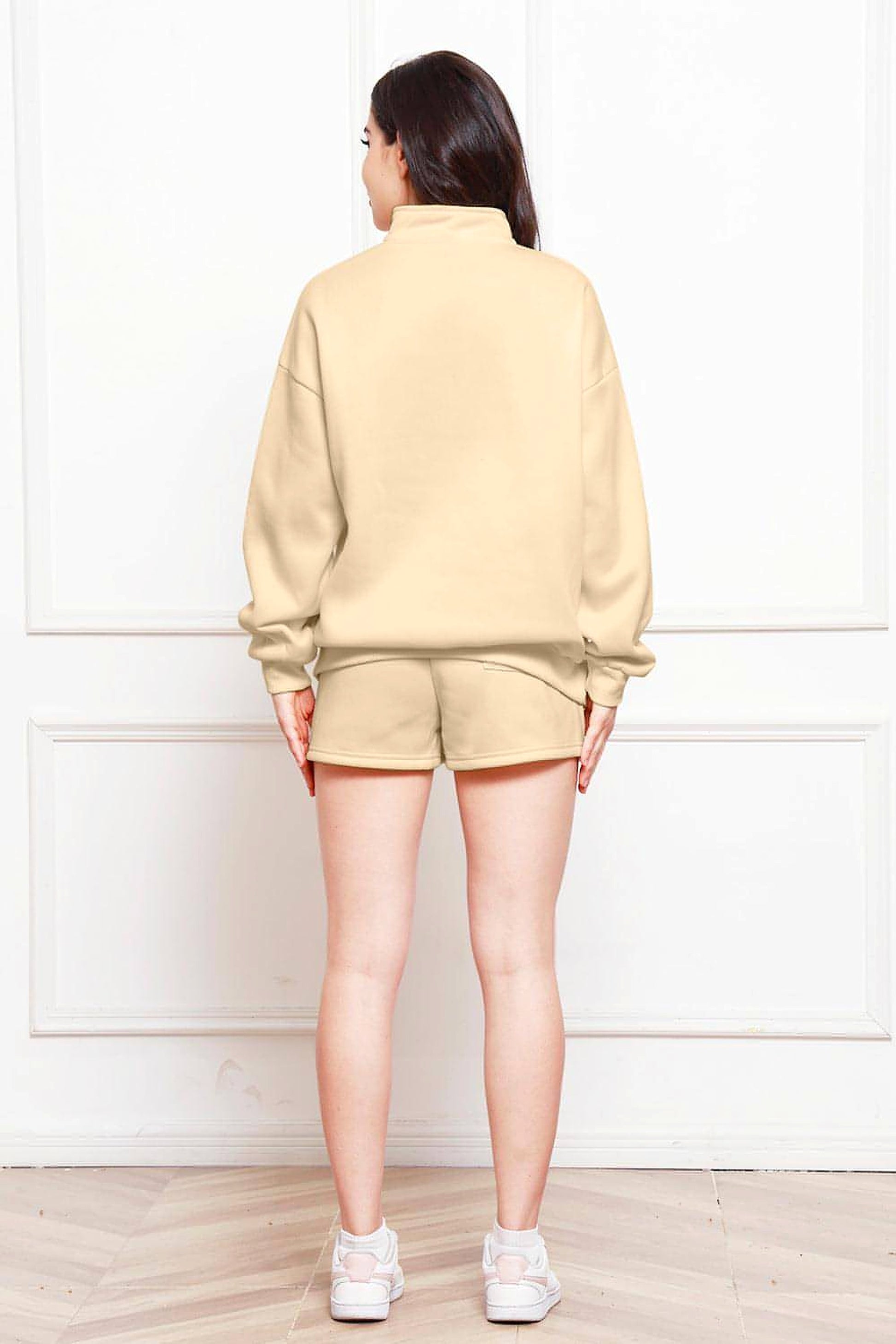 Half Zip Long Sleeve Sweatshirt and Drawstring Shorts Set - enhanced image 6
