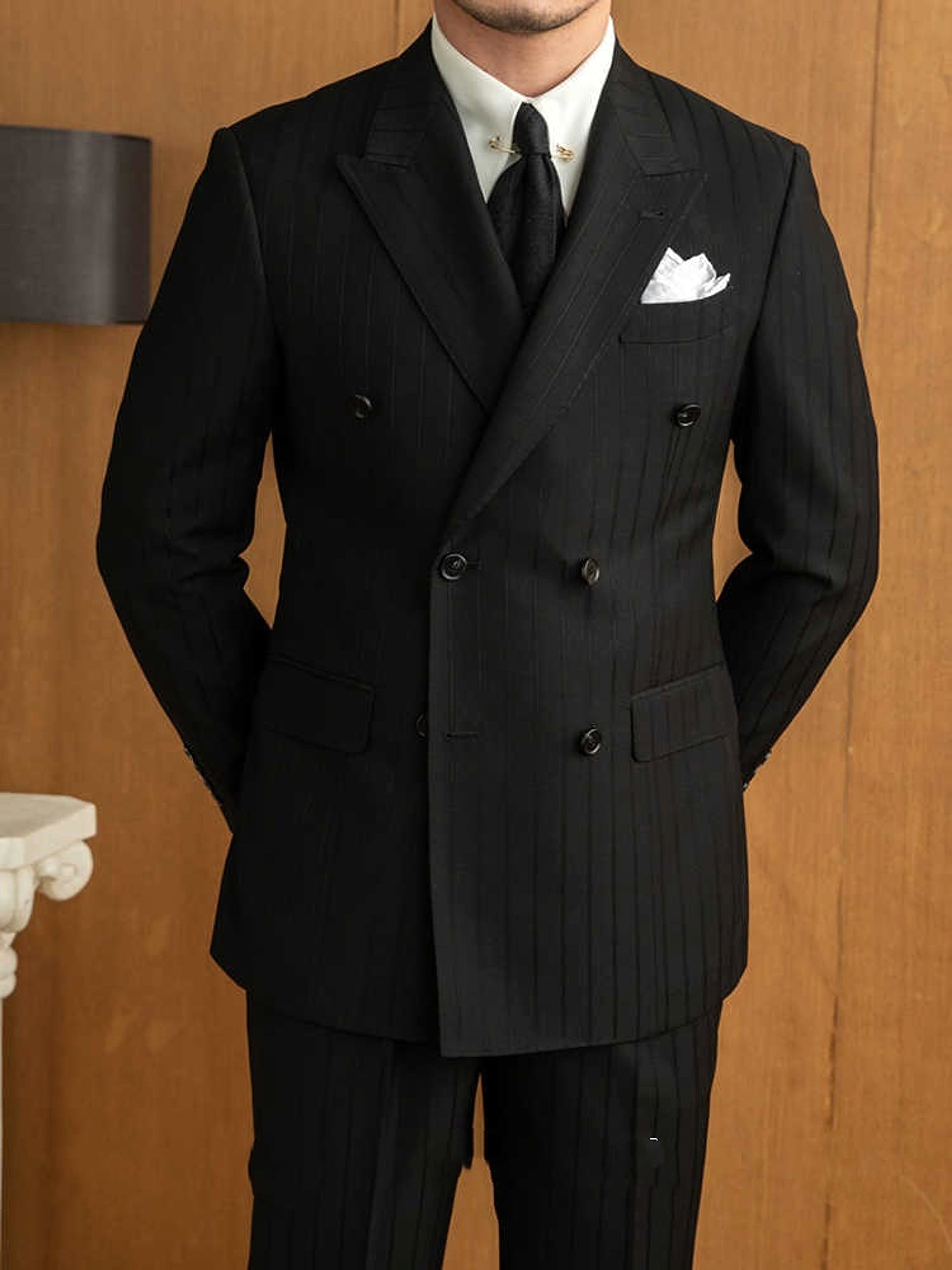 VestraForm™ – Handsome Black Double-Breasted Pinstripe Suit (2 Piece Set) - enhanced image 6