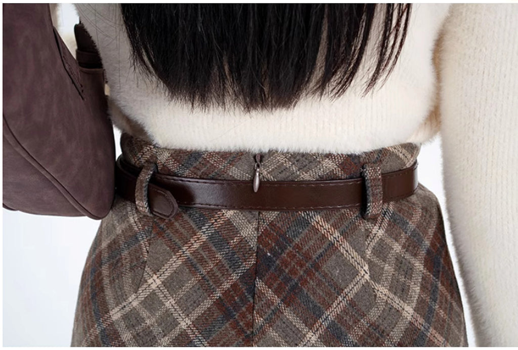 High Waist Mid-length Woolen Plaid Skirt For Women - enhanced image 6