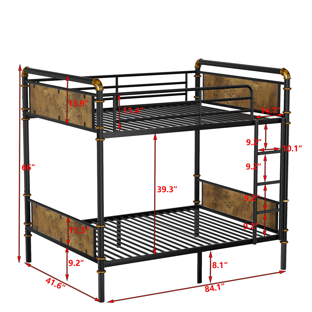 IronLoft™ – Twin XL Over Twin XL Metal Bunk Bed with Rustic Wood Finish & Safety Rail (US Warehouse) - enhanced image 6
