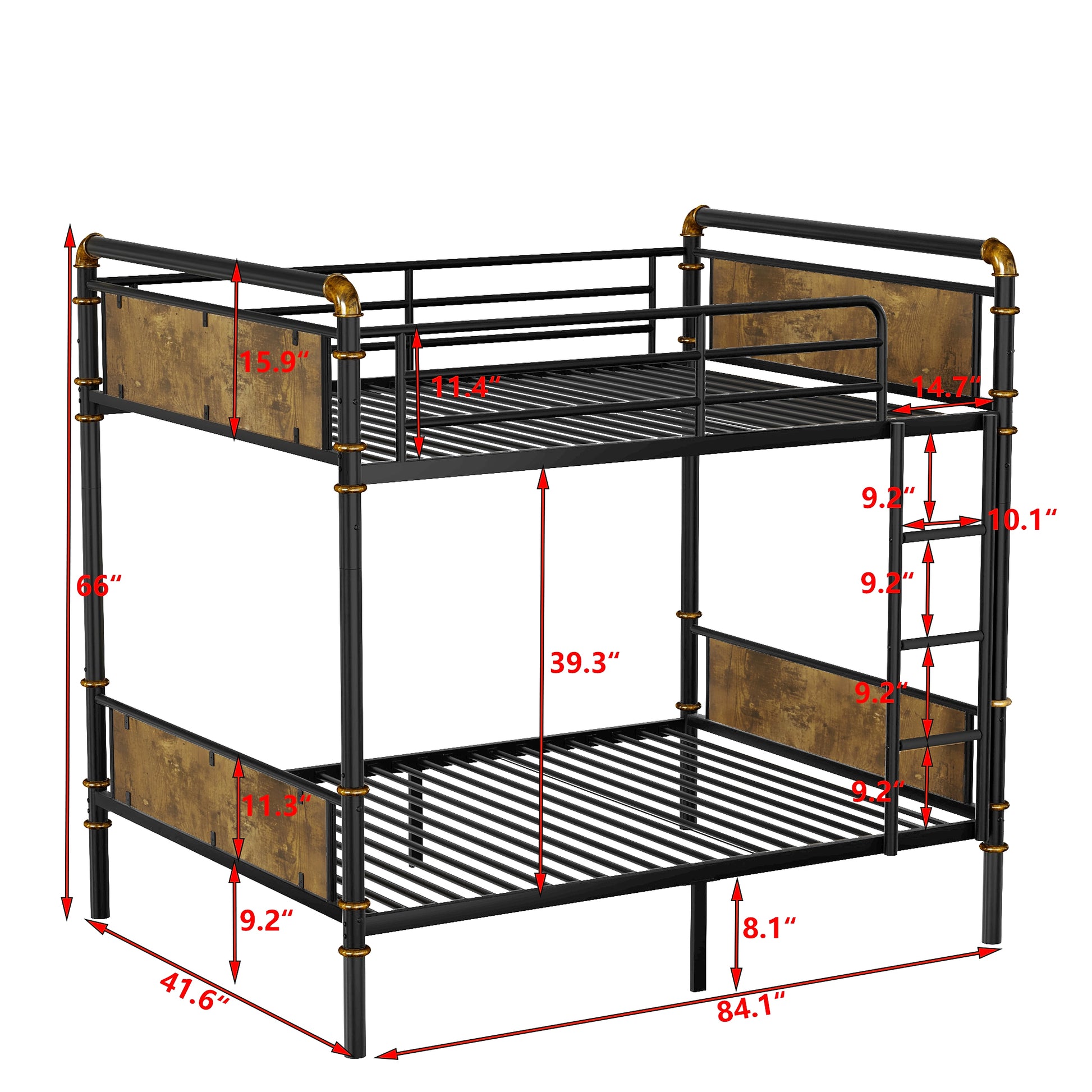 IronLoft™ – Twin XL Over Twin XL Metal Bunk Bed with Rustic Wood Finish & Safety Rail (US Warehouse) - enhanced image 6