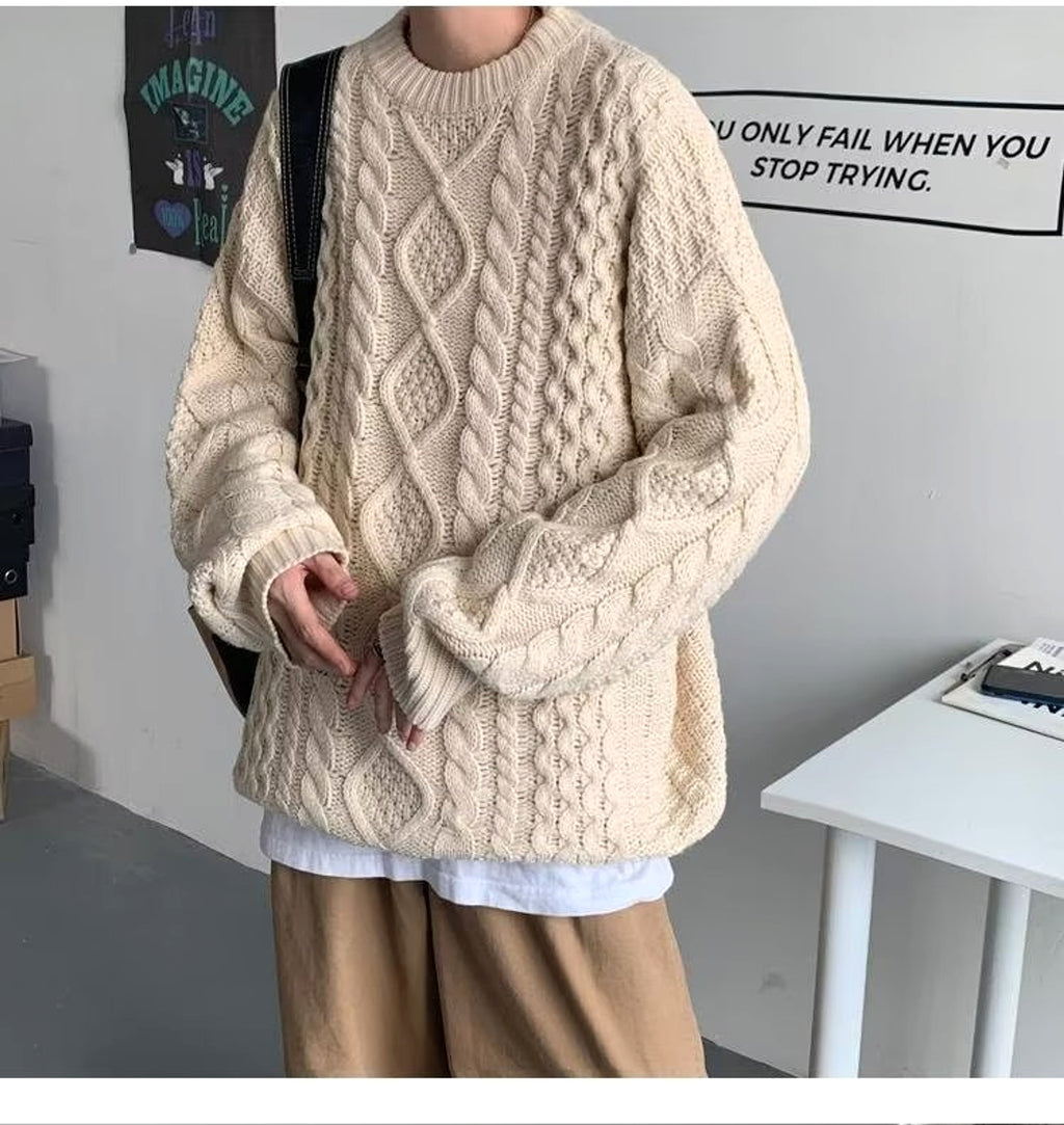 Japanese Stitching Contrast Color Cable-knit Sweater Men - enhanced image 6