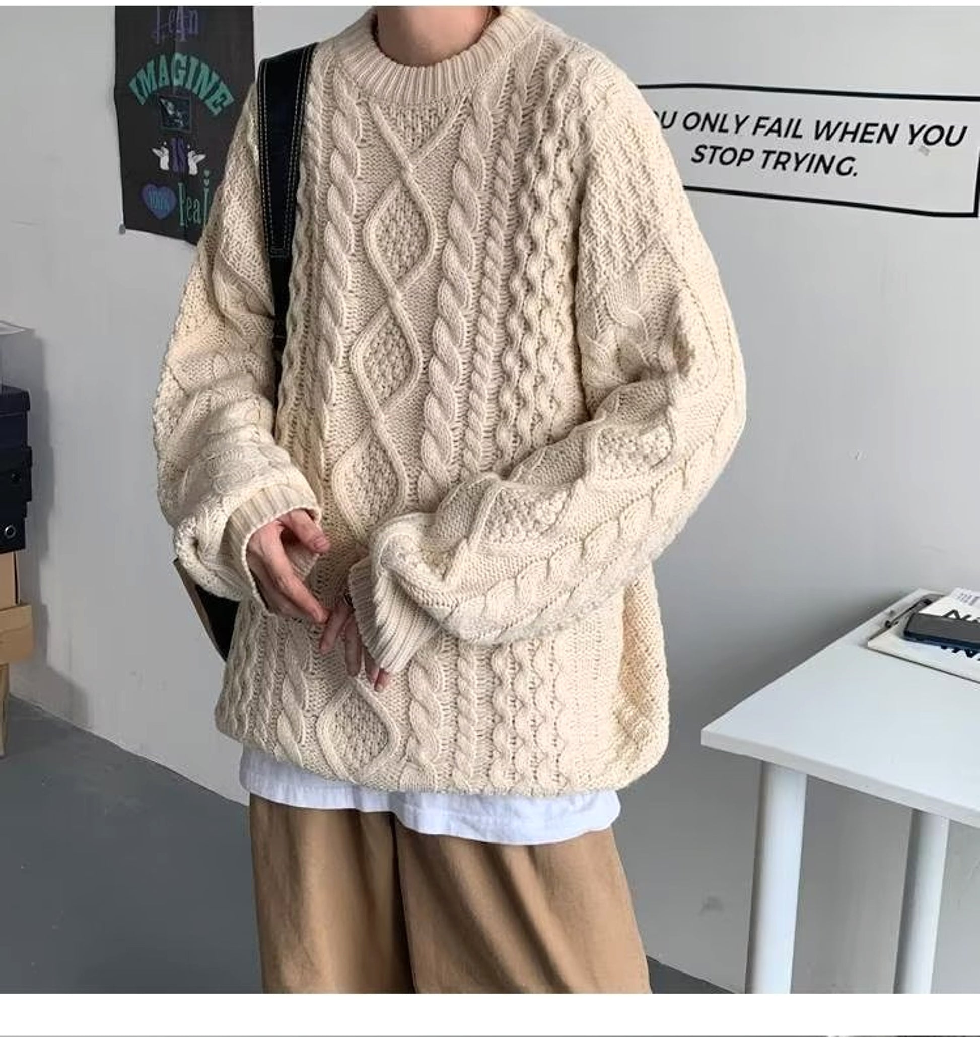Japanese Stitching Contrast Color Cable-knit Sweater Men - enhanced image 6