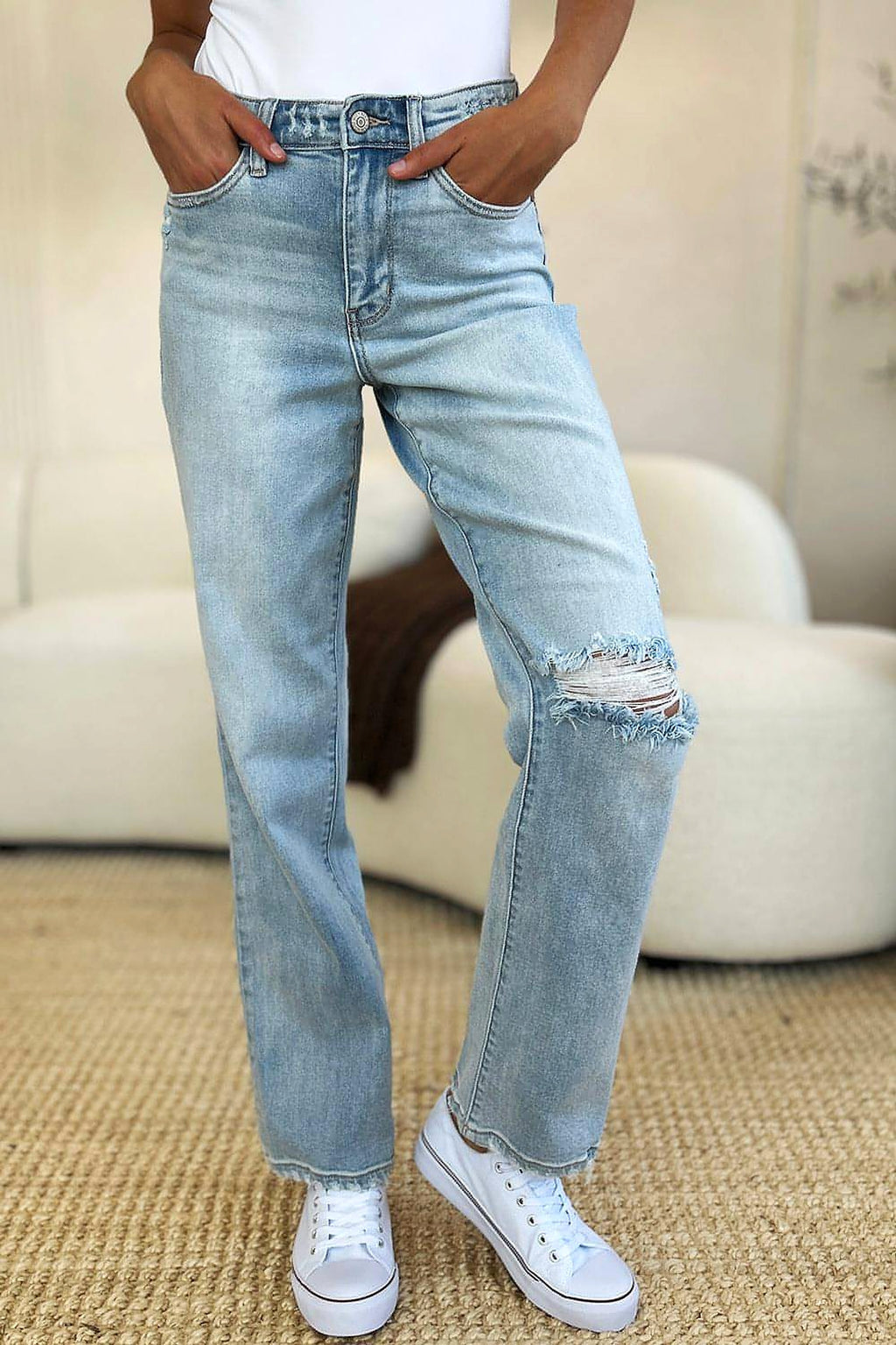 Judy Blue Full Size High Waist Distressed Straight Jeans - enhanced image 6