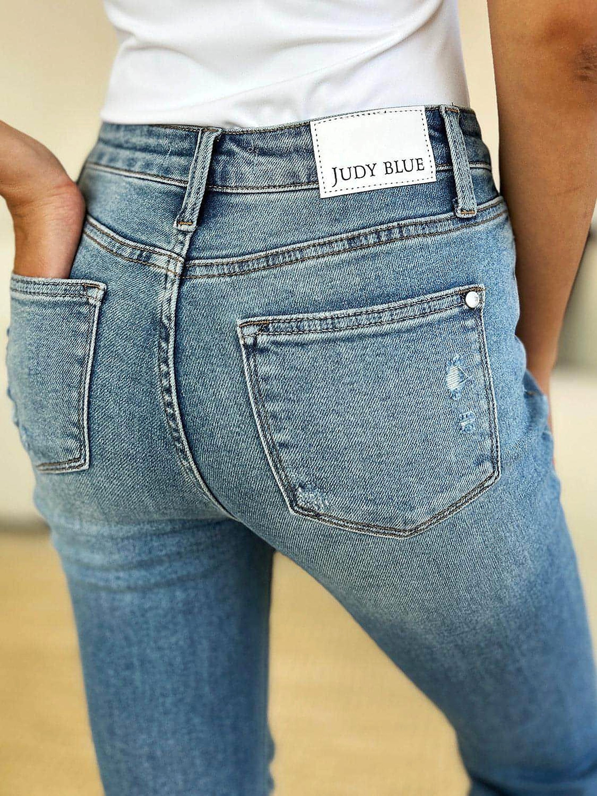 Judy Blue Full Size Mid Rise Destroyed Hem Distressed Jeans - enhanced image 6