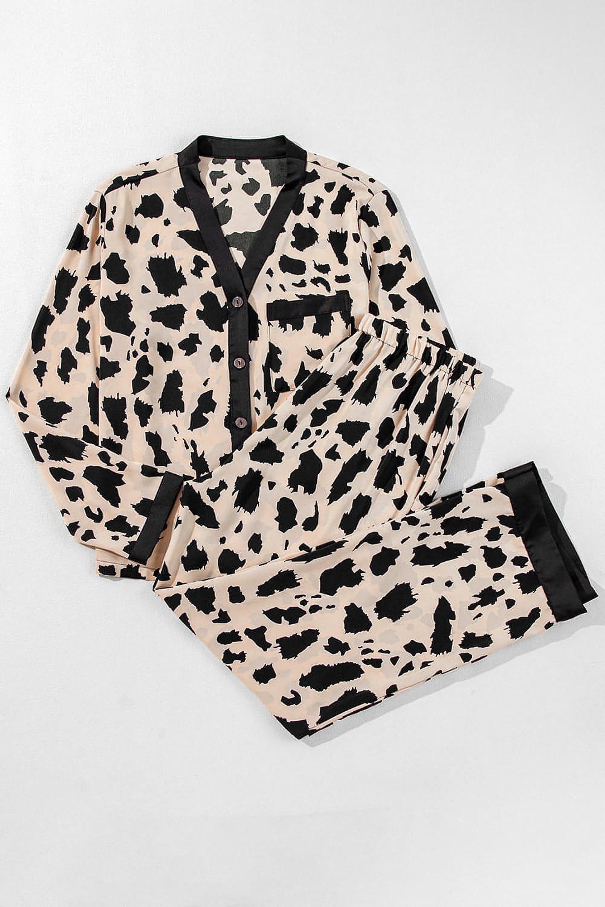 Khaki Cheetah Contrast Trim Loose Fit Two Piece Sleepwear - enhanced image 6