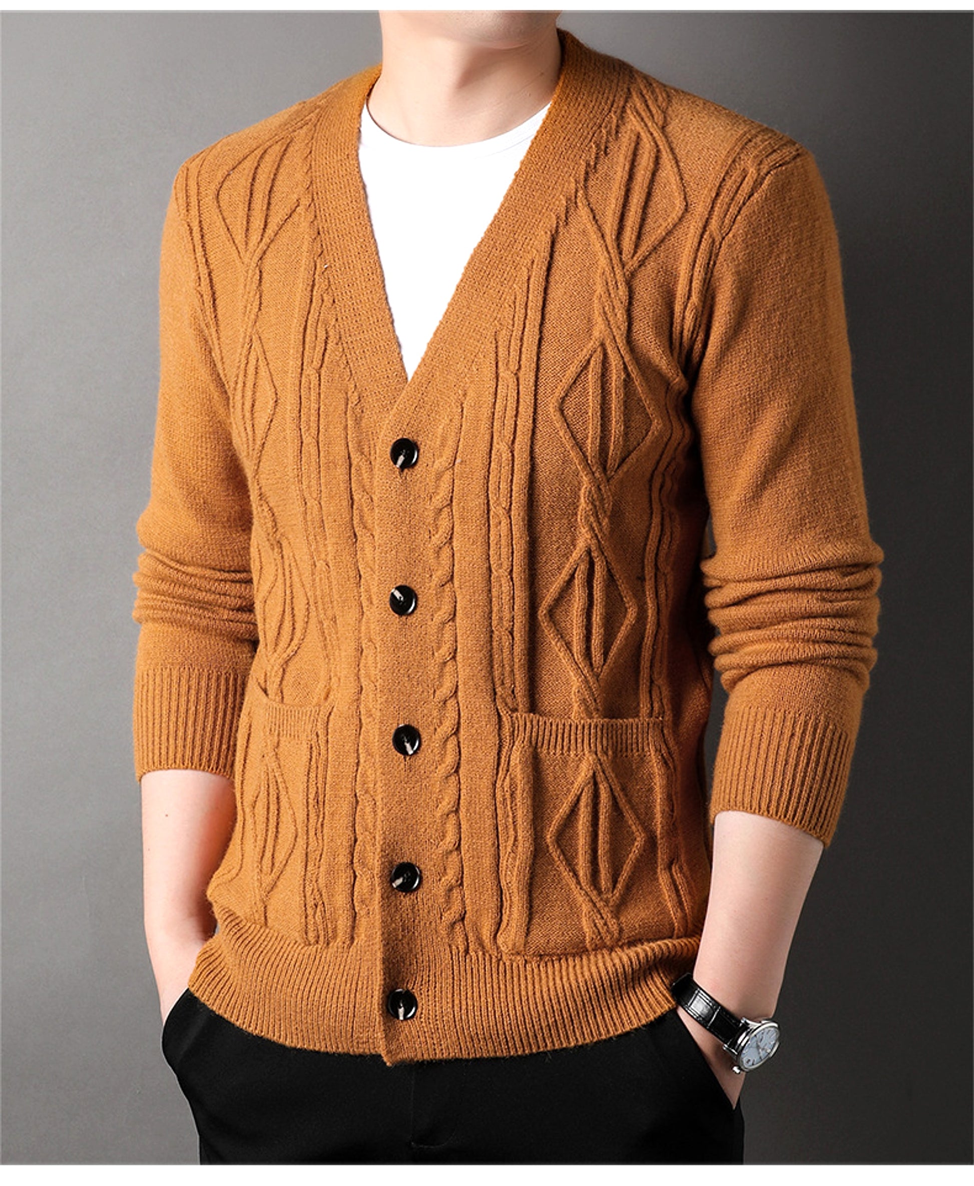 Knitted Cardigan Rhombus Loose Casual Sweater Coat Men - enhanced image 6
