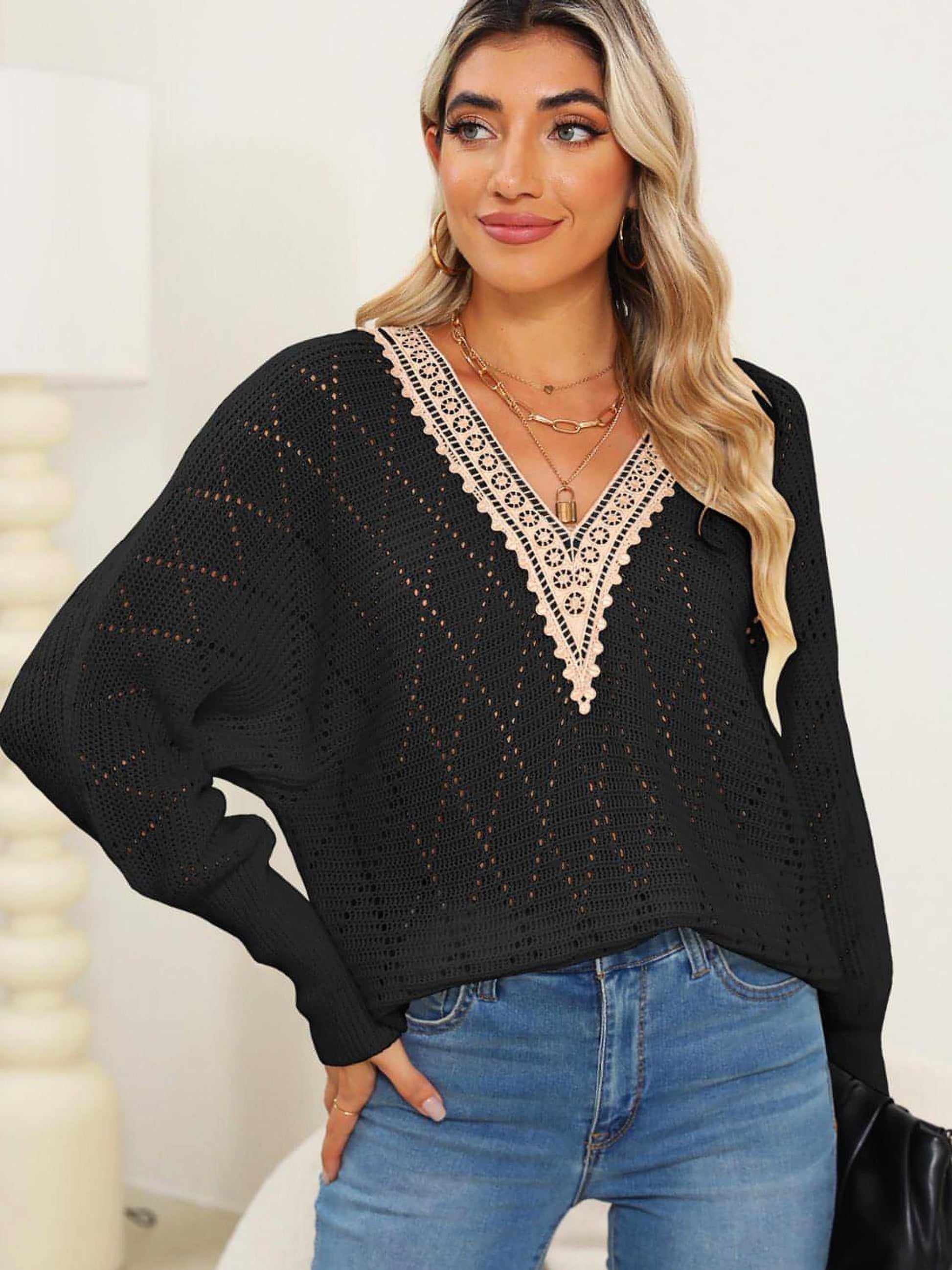 Lace Detail V-Neck Long Sleeve Sweater - enhanced image 6