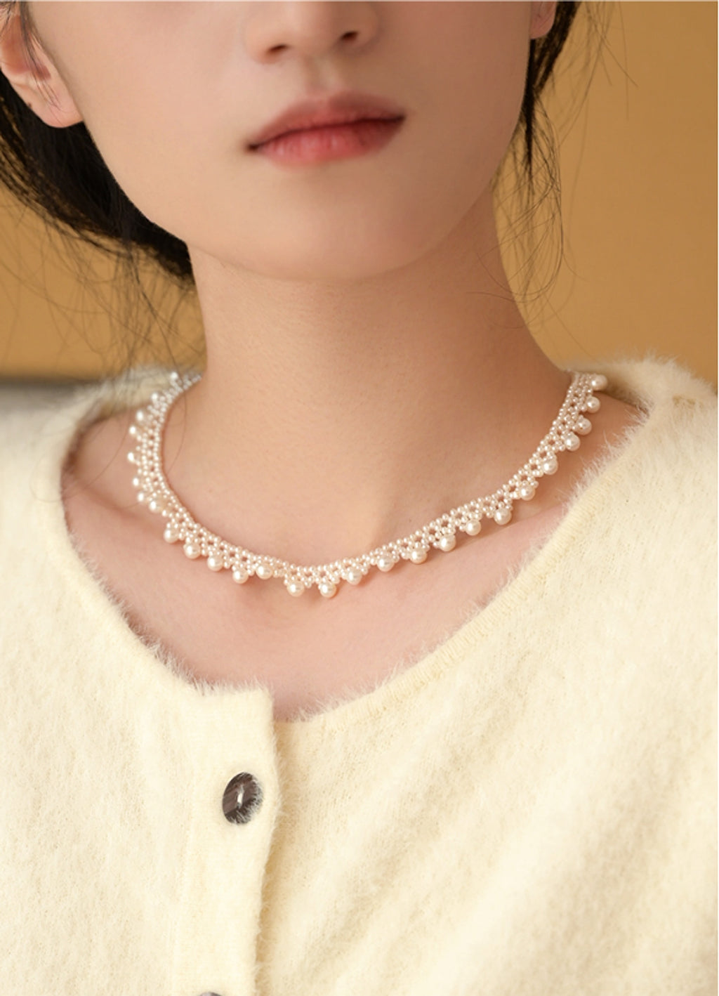 Vintage Pearl Choker with Gold Lace Accents - enhanced image 6
