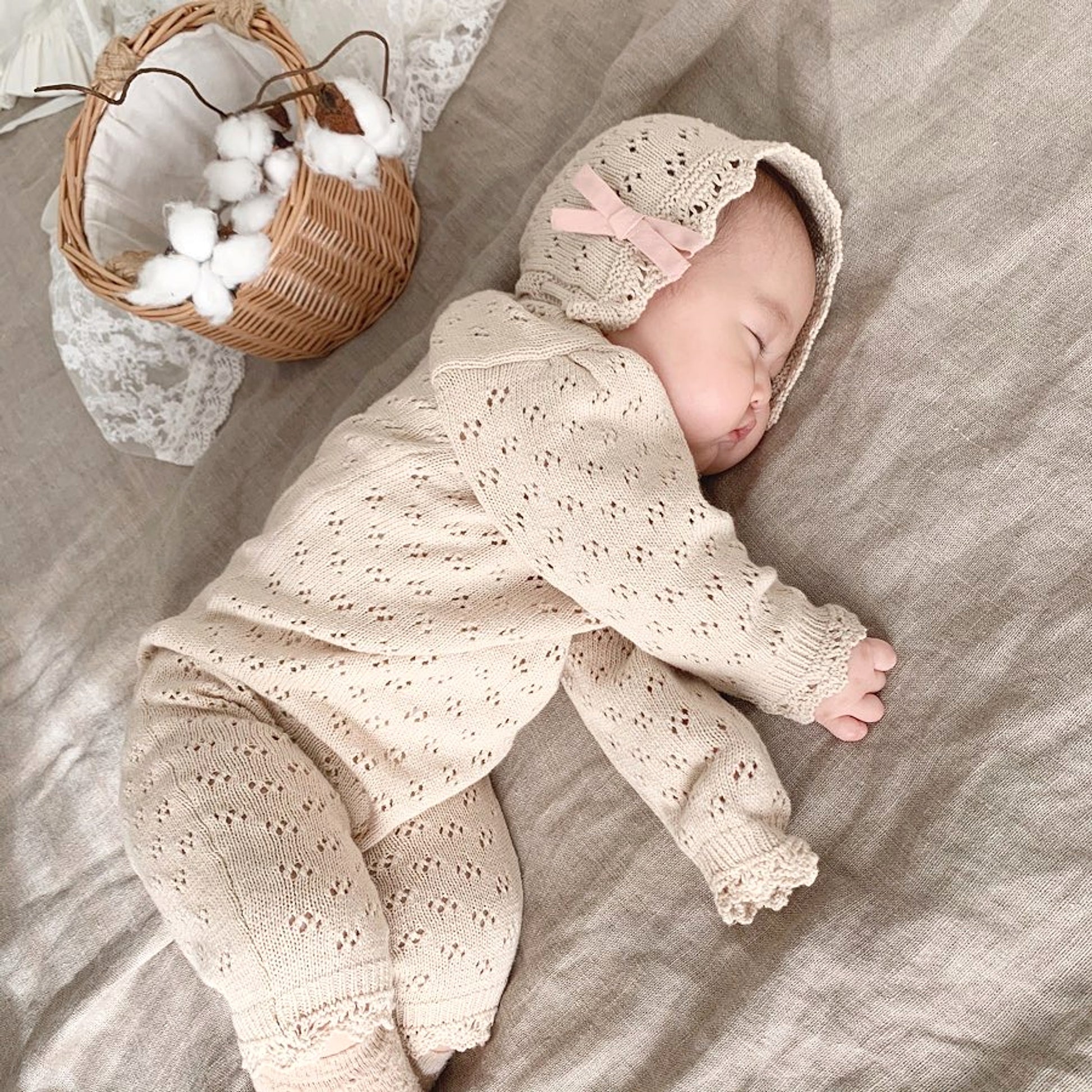 LaceNest™ – Knitted Hollow Baby Romper with Hat - enhanced image 6
