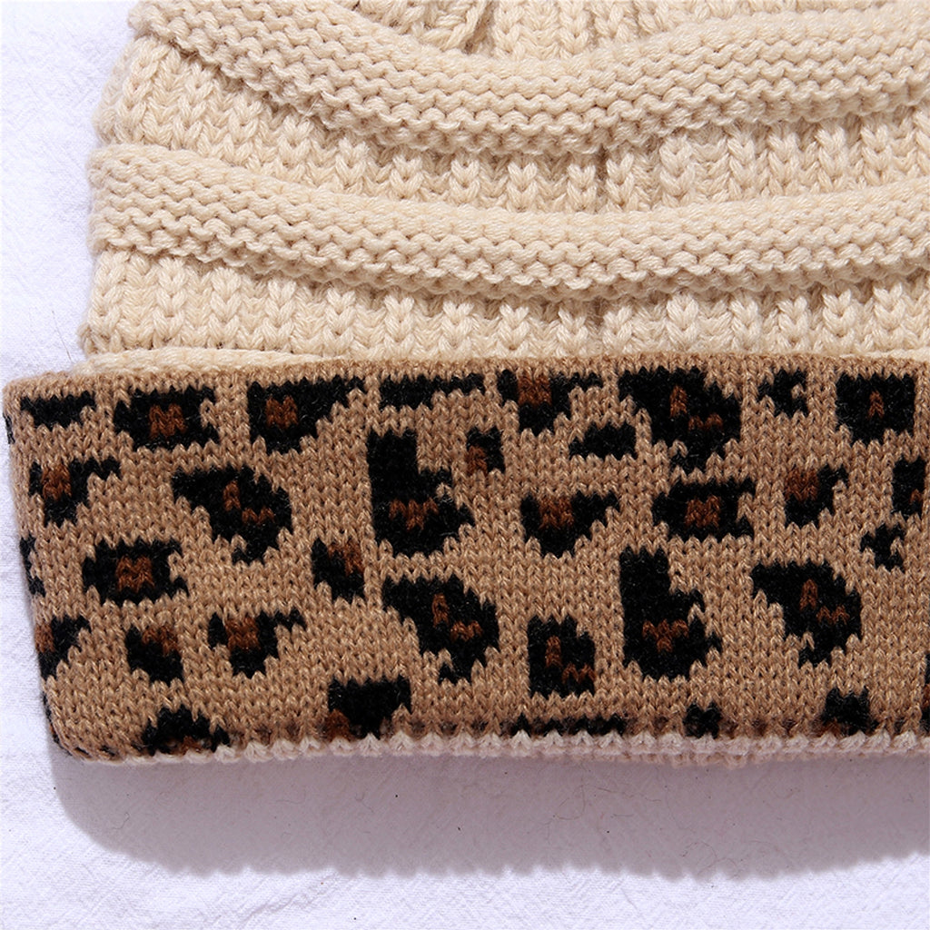 Ladies Autumn Winter Leopard Print Cuffed Acrylic Knitted Hat - enhanced image 6