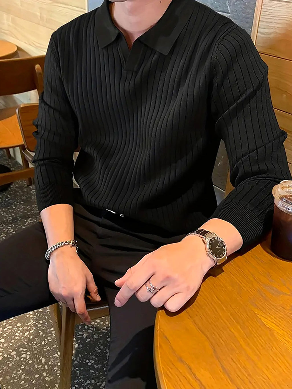 Lapel Texture Stretch Slim Knit Polo T-Shirt Men - enhanced image 6