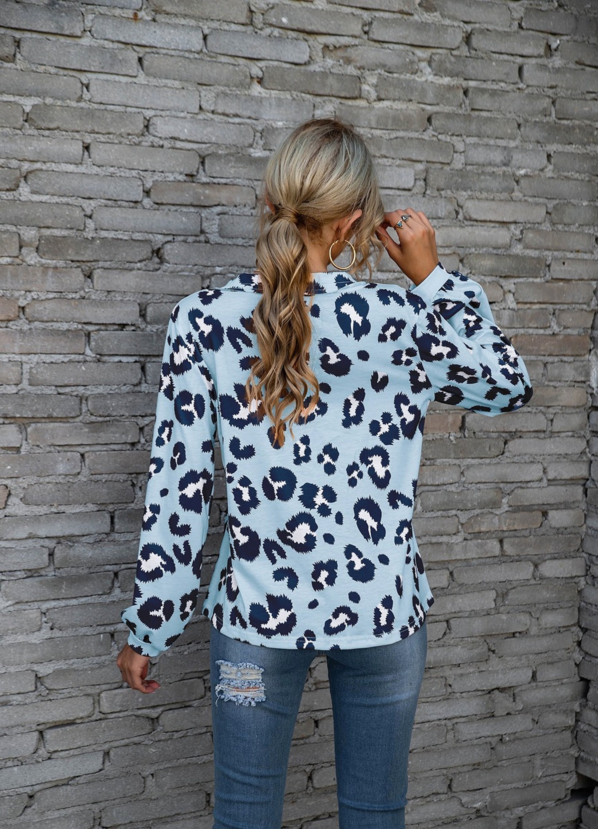 Leopard Print Printed V-neck Off-the-shoulder Long Sleeve T-shirt Women - enhanced image 6