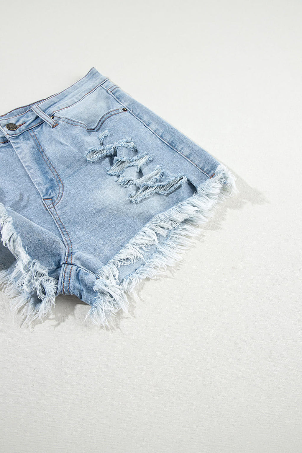Light Blue Distressed Ripped Raw Hem High Waist Denim Shorts - enhanced image 6