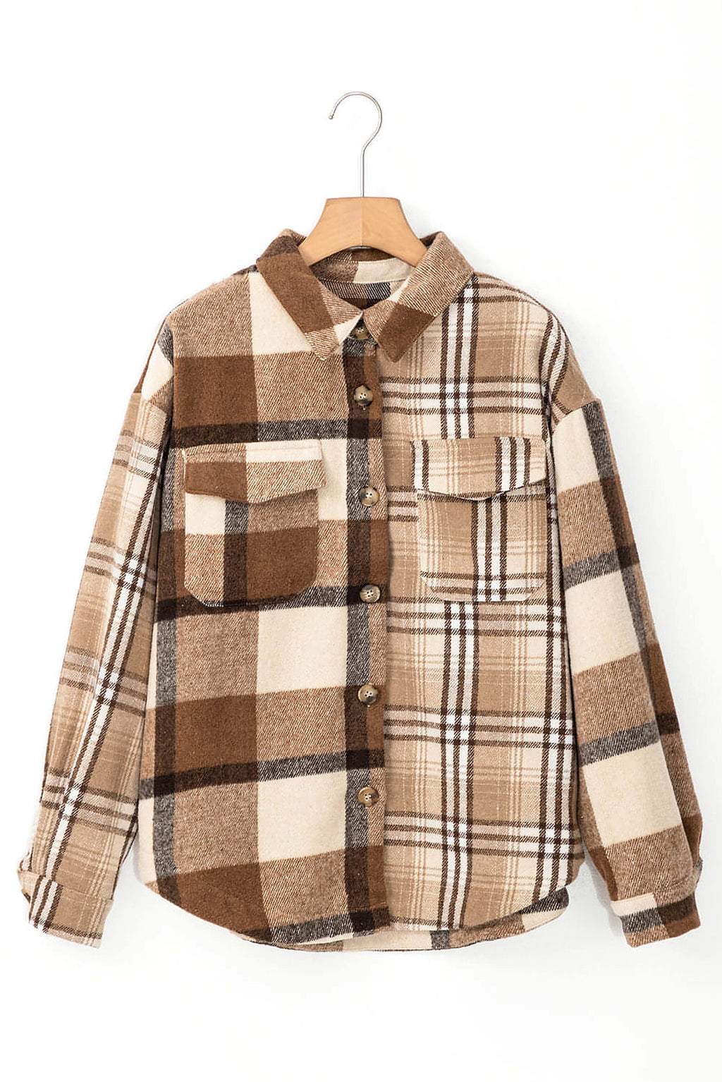 Light French Beige Flannel Plaid Double Flap Pocket Shacket - enhanced image 6