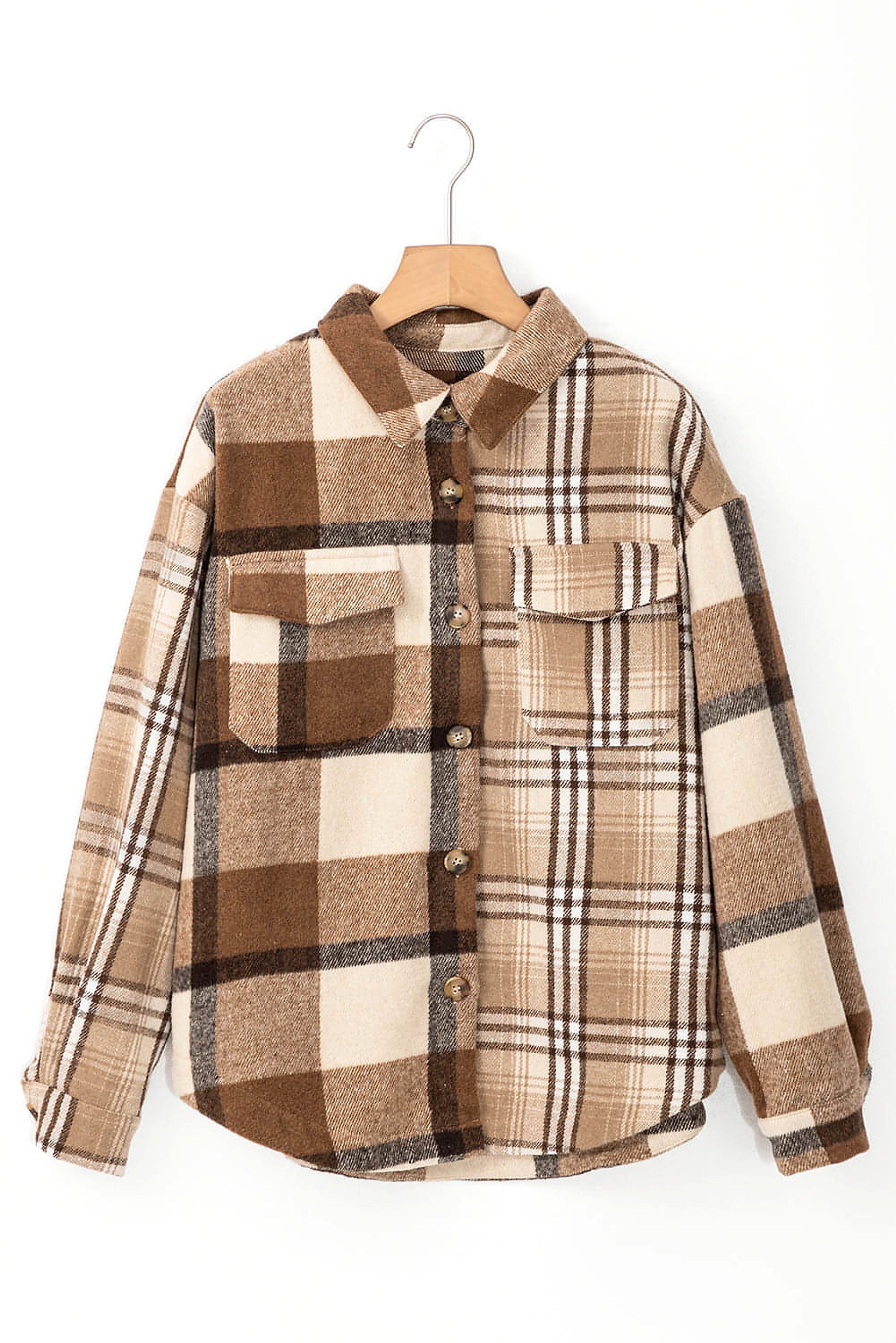 Light French Beige Flannel Plaid Double Flap Pocket Shacket - enhanced image 6