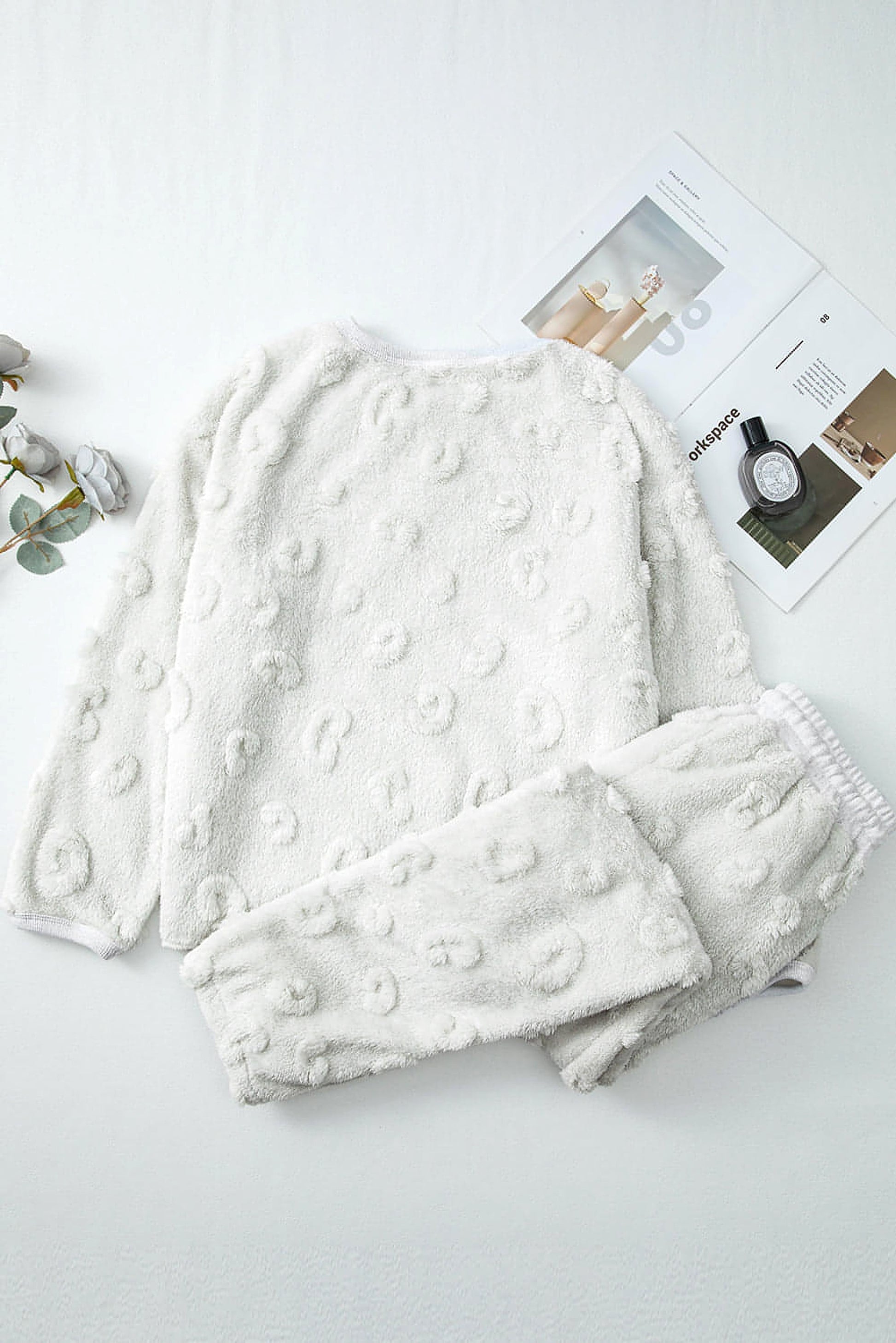 Light Grey Leopard Textured Loose Fit Fleece Lounge Set - enhanced image 6