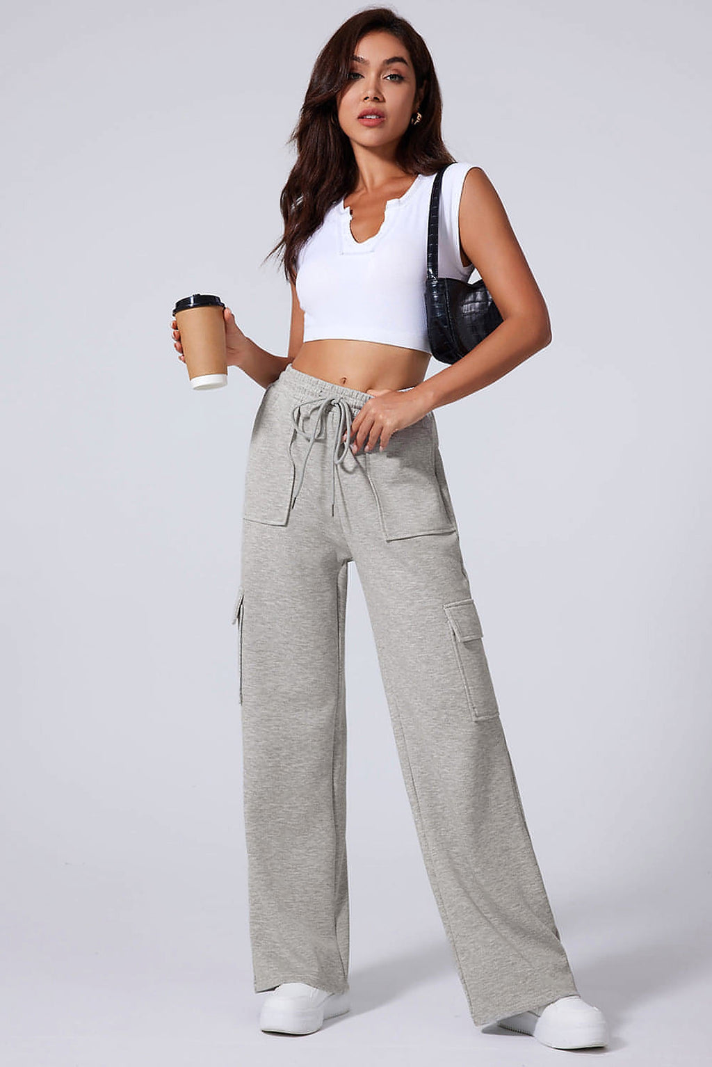 Light Grey Multi Pockets Lace-up High Waist Wide Leg Workout Pants - enhanced image 6
